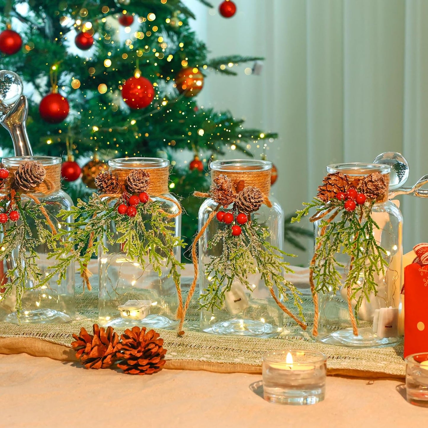 Set of 3 Xmas Decor Vases Christmas Centerpieces for Tables Farmhouse Holiday Table Decor Clear Glass Vases with Twine Ties for Christmas Decorations