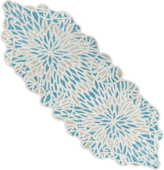 Handcrafted Beaded Table Runner – Elegant, Stain-Resistant Glass Bead & Polyester Glitz Accent for Farmhouse, Wedding, Bridal Shower, Dinner Table & Holiday Decor (Sky Blue White) - CLEENTABLE