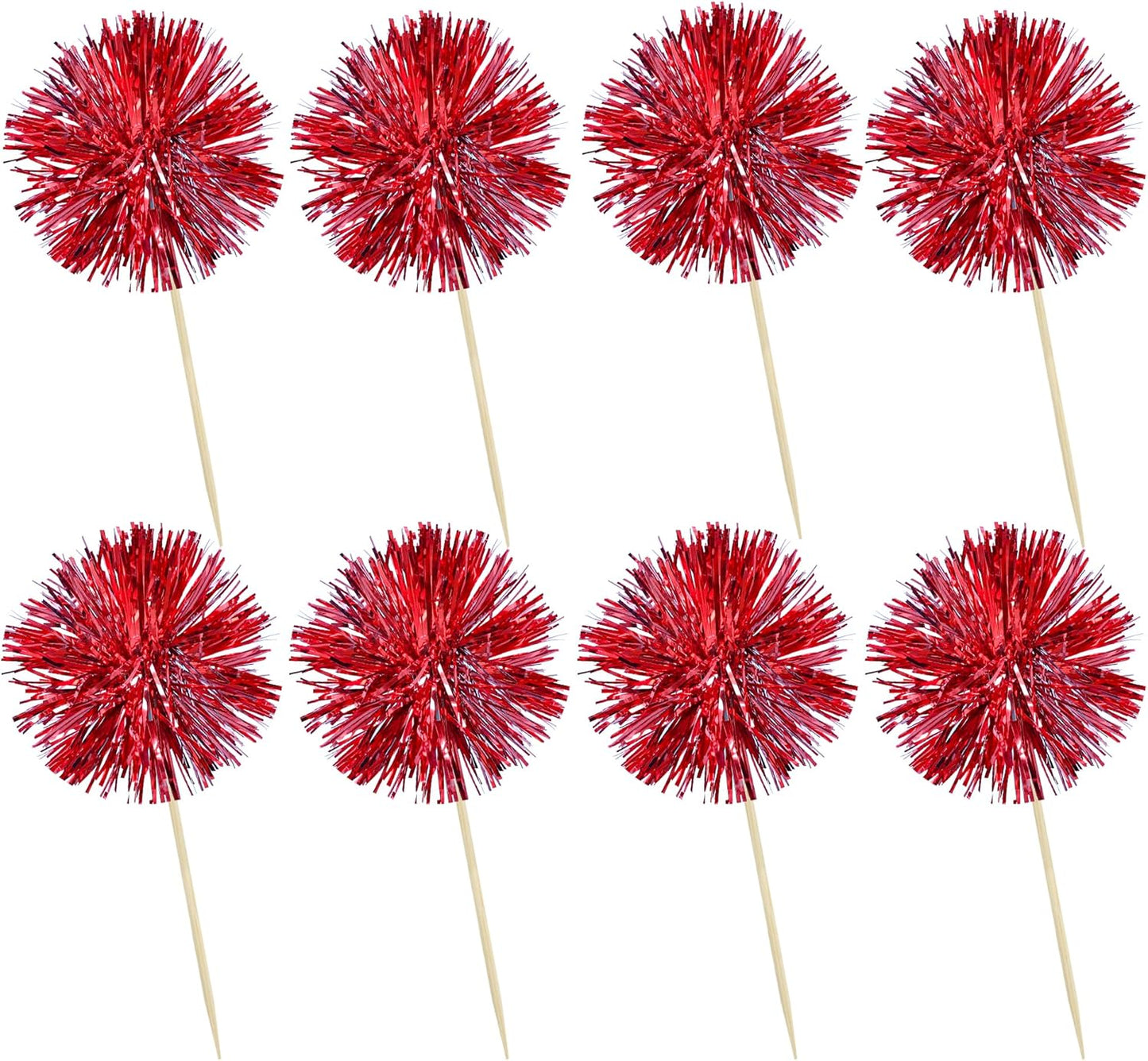 Ephlyn 30Pcs Foil Firework Cupcake Toppers Sparkle Tinsel Cupcake Picks Happy Birthday Cake Toppers Drink Stirrers Cocktail Food Fruit Toothpicks for Baby Shower Birthday Party Supplies Red