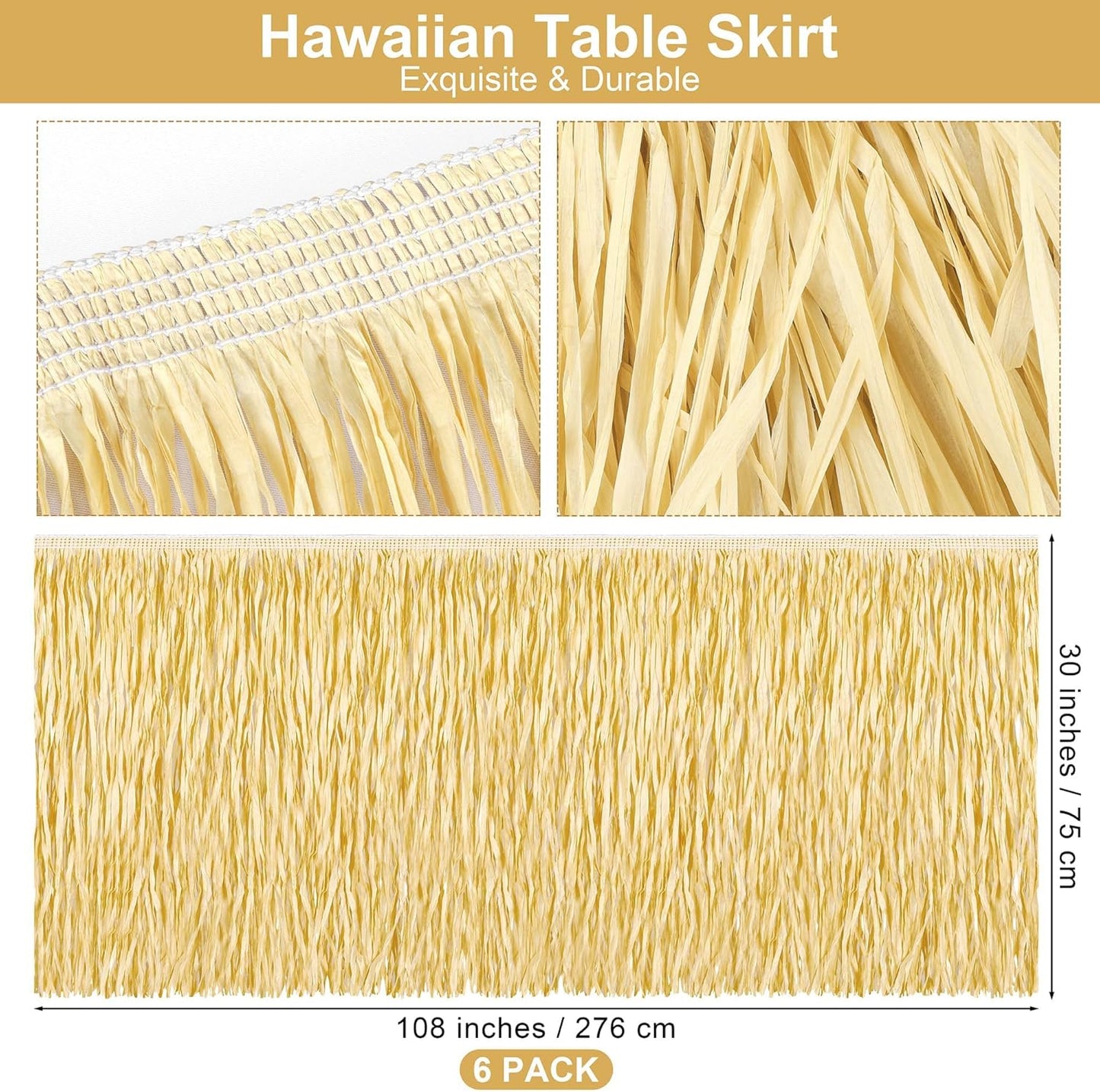 Fovths 6 Packs Luau Grass Table Skirt Fringe Straw Grass Skirt 108 x 30 Inch Hibiscus Hawaiian Table Skirts Rectangle Tropical Luau Party Decorations for Hawaiian Luau Decorations