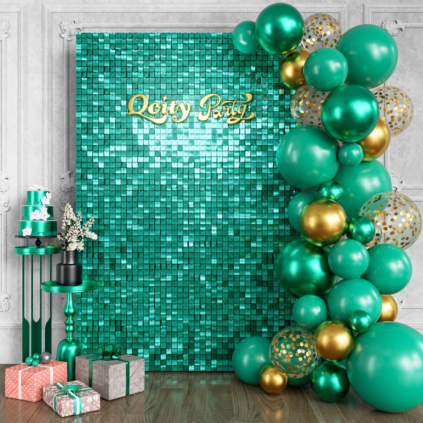 Qcity Emerald Green Shimmer Wall Backdrop 24PCS, Black Back Not See-Through Design, Square Sequin Glitter Backdrop Panel, Perfect for Outdoor Events, Birthdays, Wedding and Party Decoration