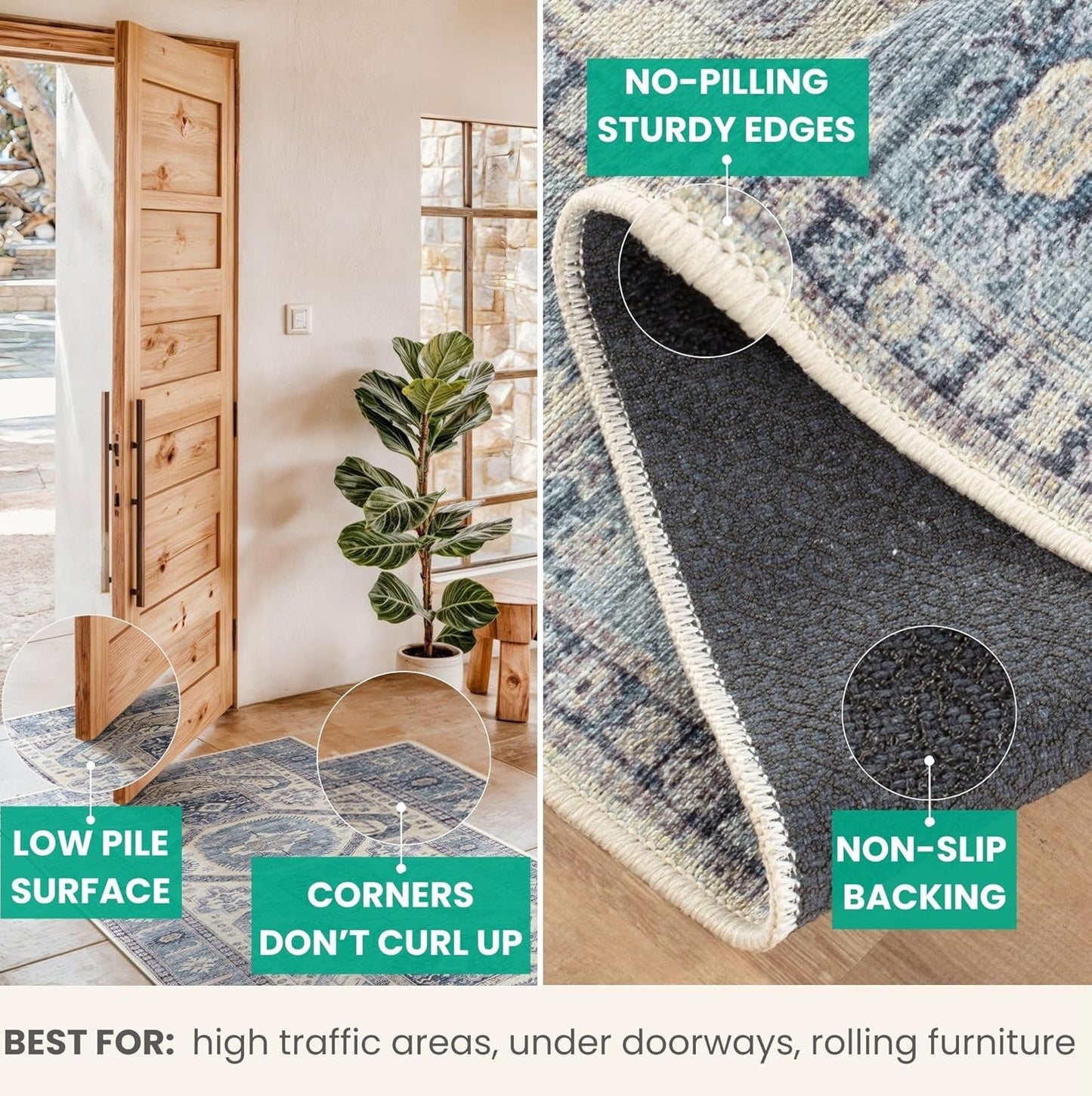 Bloom Rugs Washable Non-Slip 12 ft Runner - Blue/Beige Traditional Oriental Runner for Entryway, Hallway, Bathroom, and Kitchen - Exact Size: 2.5' x 12'