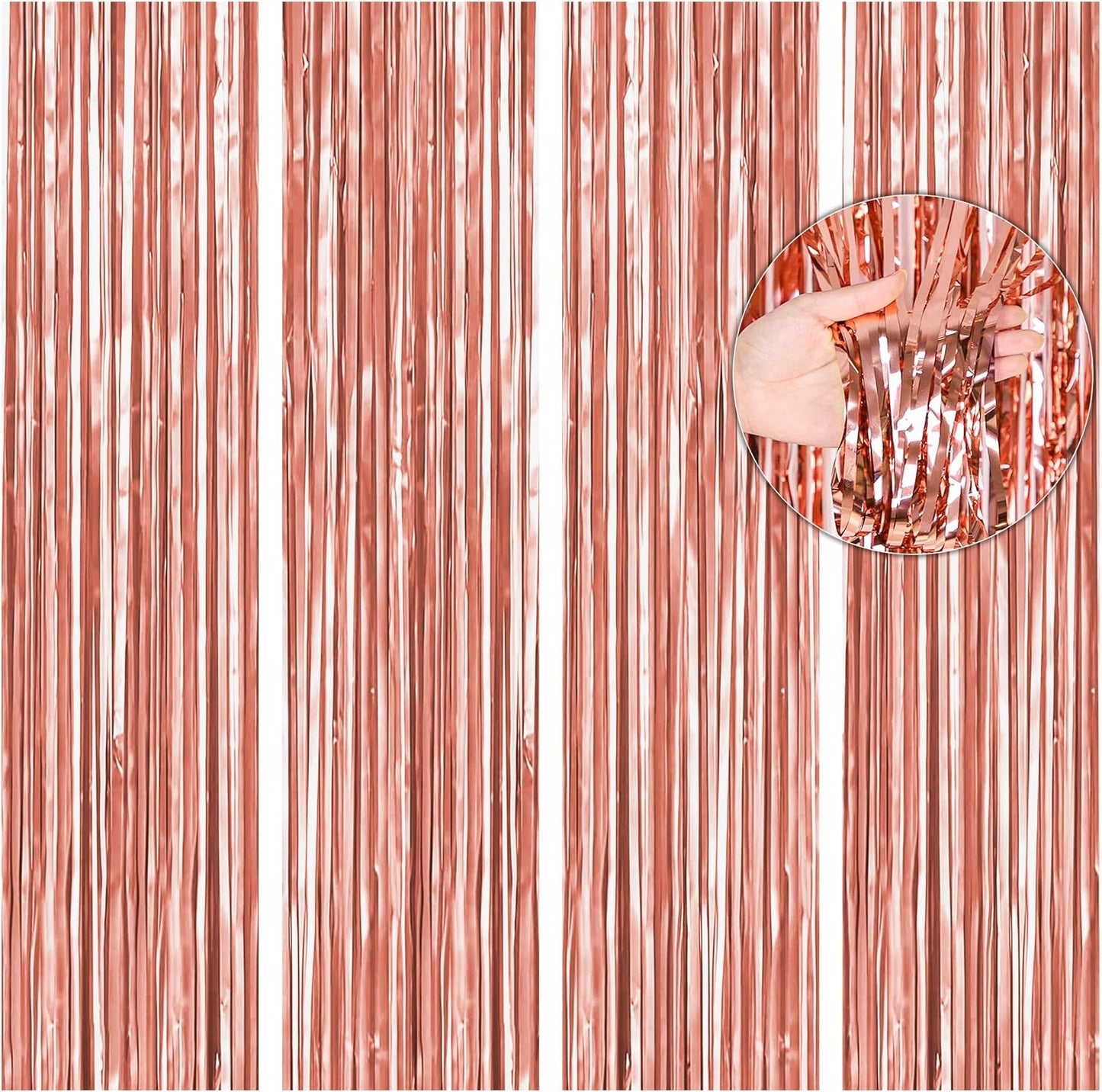 BTSD-home 4 Pack Rose Gold Foil Fringe Curtain, Metallic Photo Booth Backdrop Tinsel Door Curtains for Wedding Birthday Bridal Shower Baby Shower Bachelorette Christmas Party Decorations(3ft x 8ft)