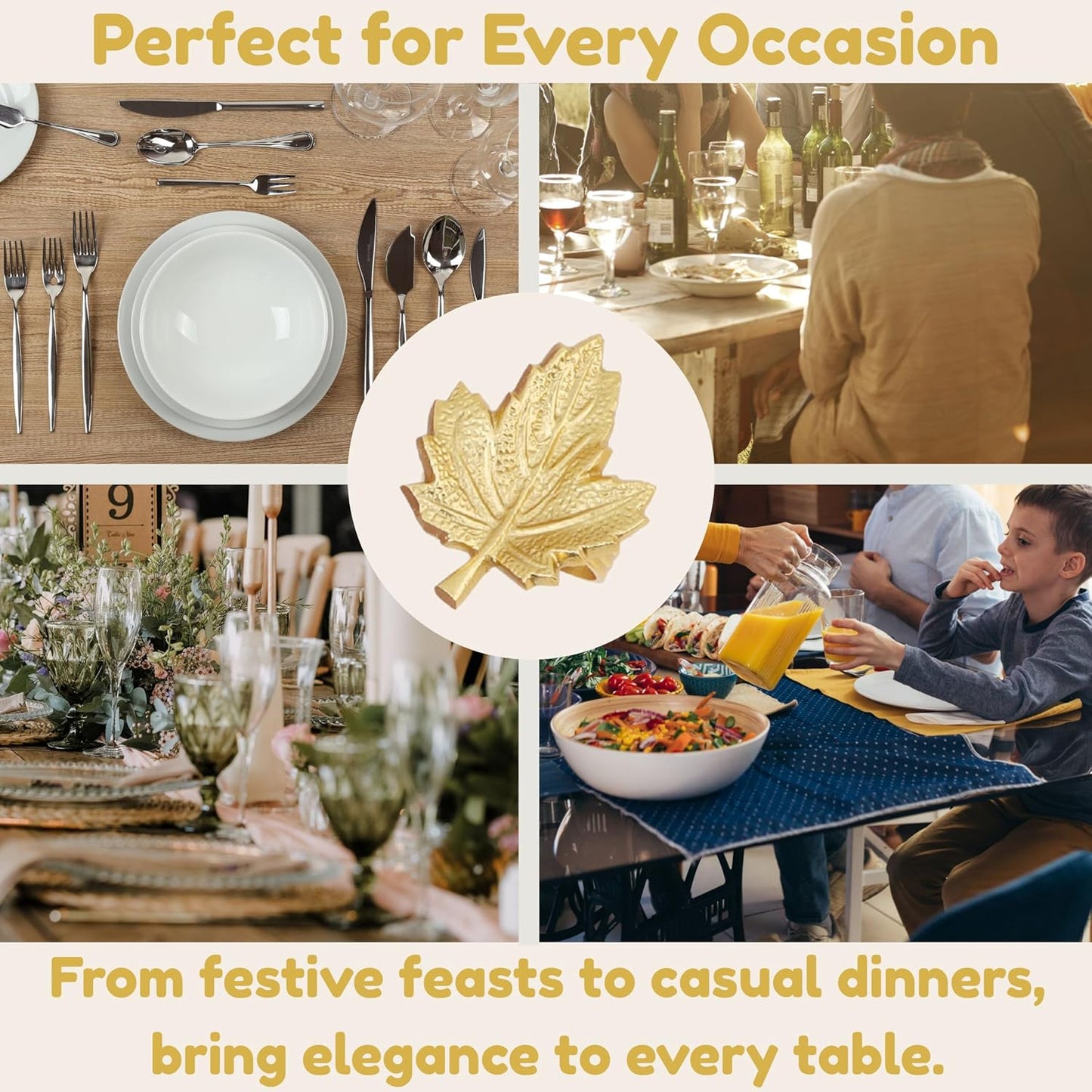 Set of 12 Maple Leaf Napkin Rings - Handcrafted Aluminum Napkin Holders for Cloth & Paper Napkins, Elegant Table Décor for Weddings, Thanksgiving, Christmas & Holiday Parties (Gold) - CLEENTABLE