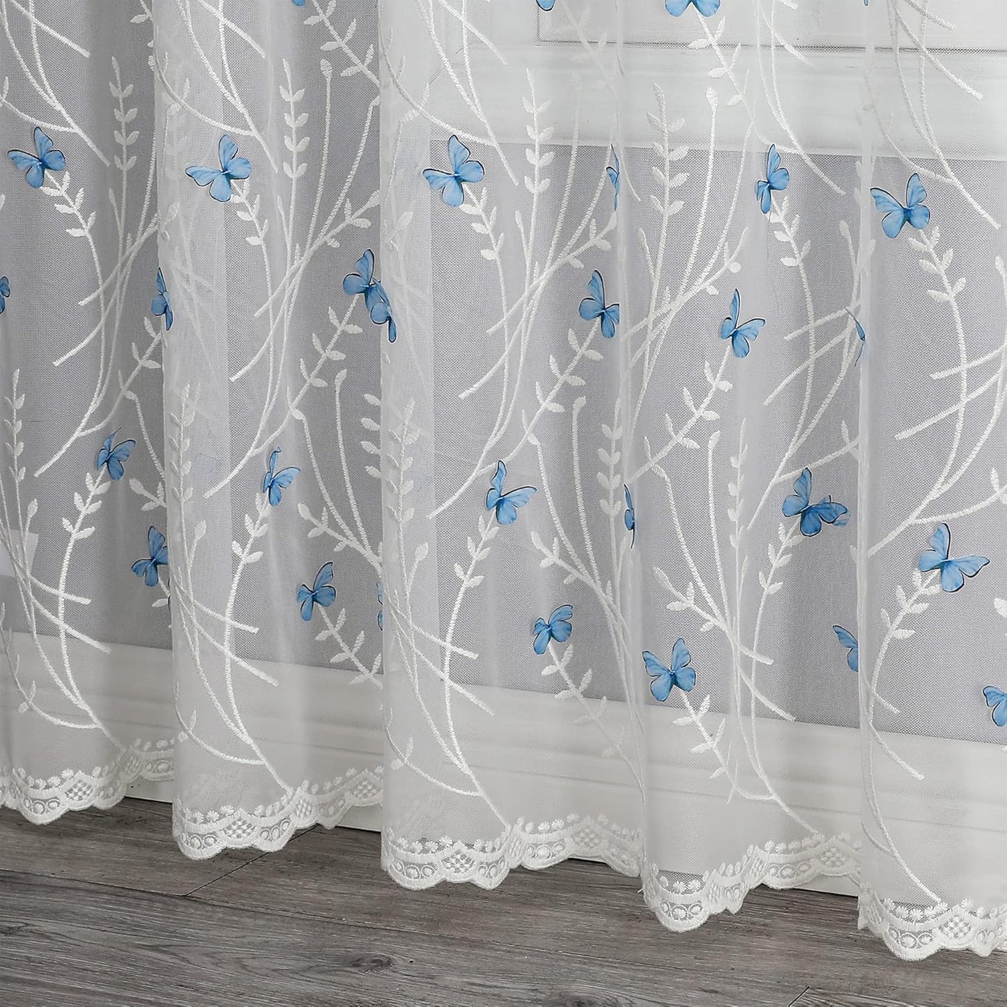 VISIONTEX White Sheer Voile Curtains, Decorative White Embossed Butterflies Rod Pocket Window Drapes for Home Kitchen, Living Room and Bedroom 54 x 95 Inch, Set of 2 Curtain Panels
