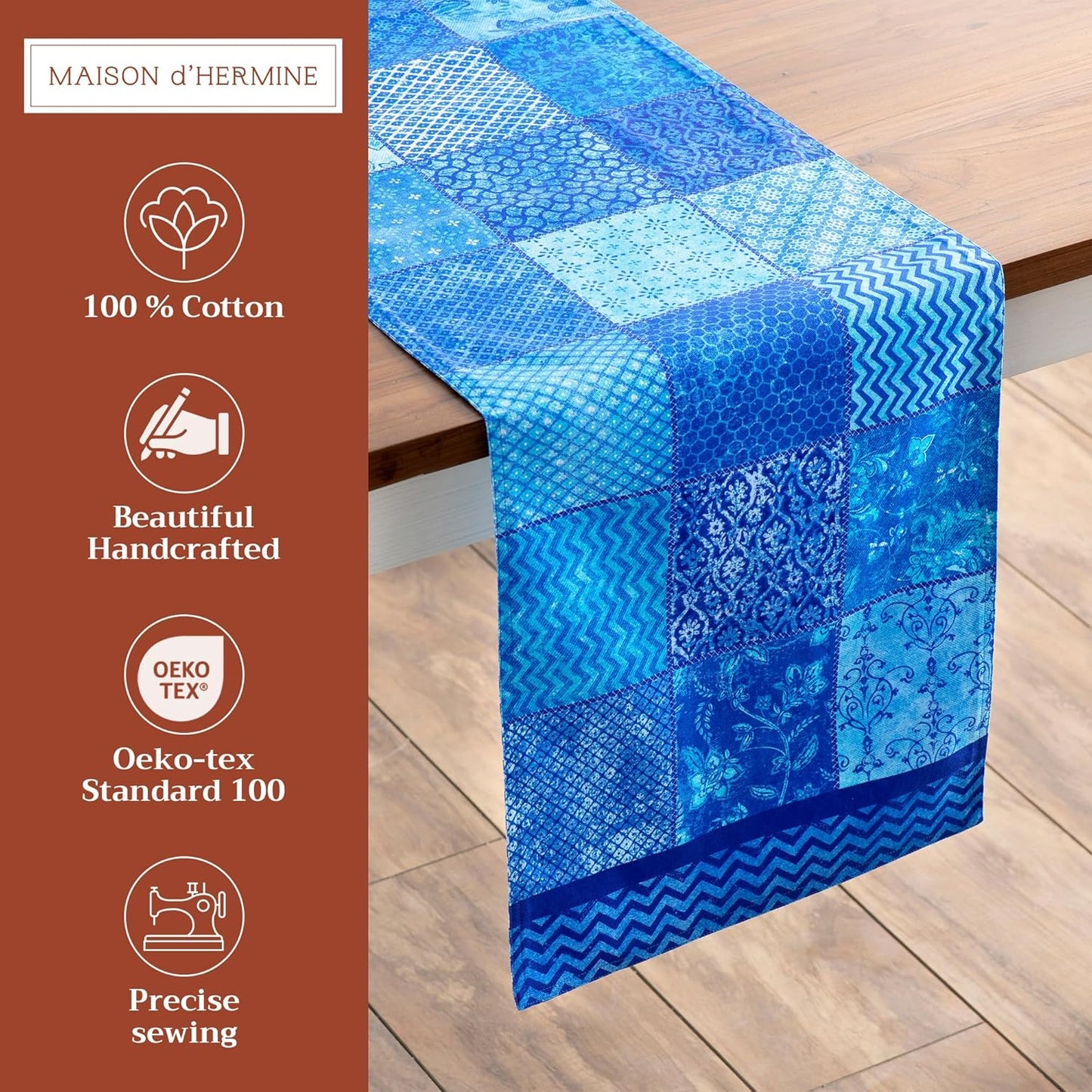 Maison d' Hermine Table Runner 100% Cotton Double Layer Table Runners 72 inches Long Decorative for Kitchen Dining Party Baby Shower Wedding Bridal Shower Spring Summer (Indigo Love, 14.50" x 72")