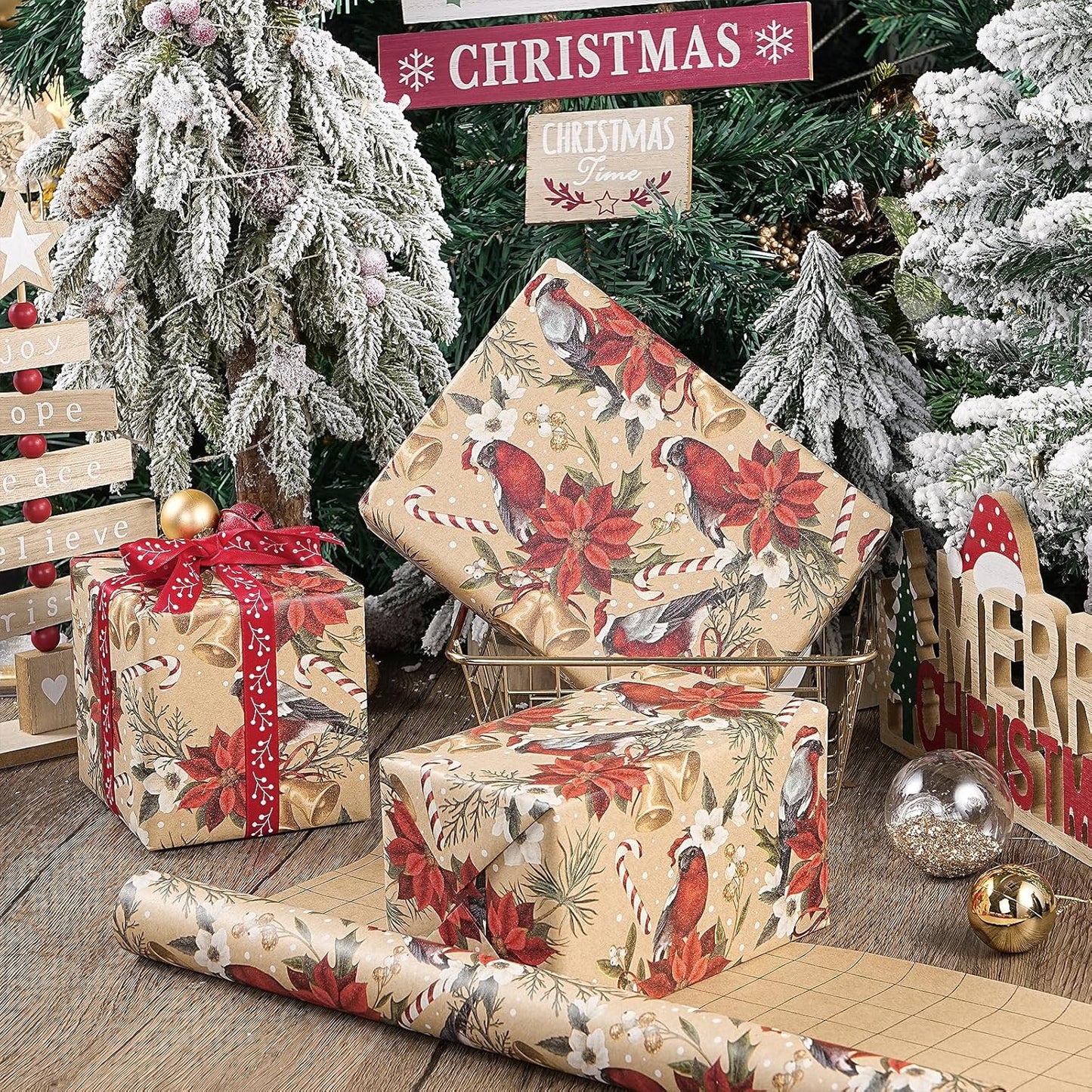 RUSPEPA Kraft Christmas Wrapping Paper Roll, Mini Roll, Cardinal Bird, Poinsettia, Golden Bell and Candy Cane Design, Vintage Kraft Gift Wrap for Women, Family, Xmas Holiday, 17 Inches x 16.4 Feet