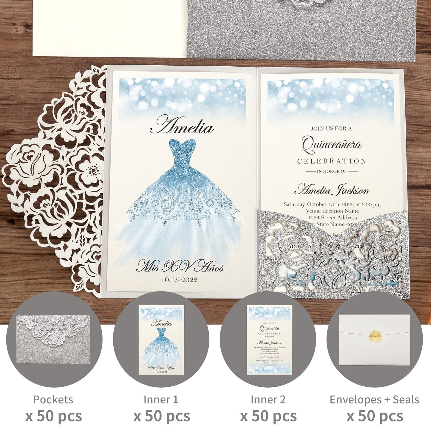 DORIS HOME 50pcs Laser Cut Quinceanera Invitations Silver Glitter, 4.7x7.1 Personalized Quince Invitations for 15th Birthday, Invitation cards for Sweet 16 with Envelopes