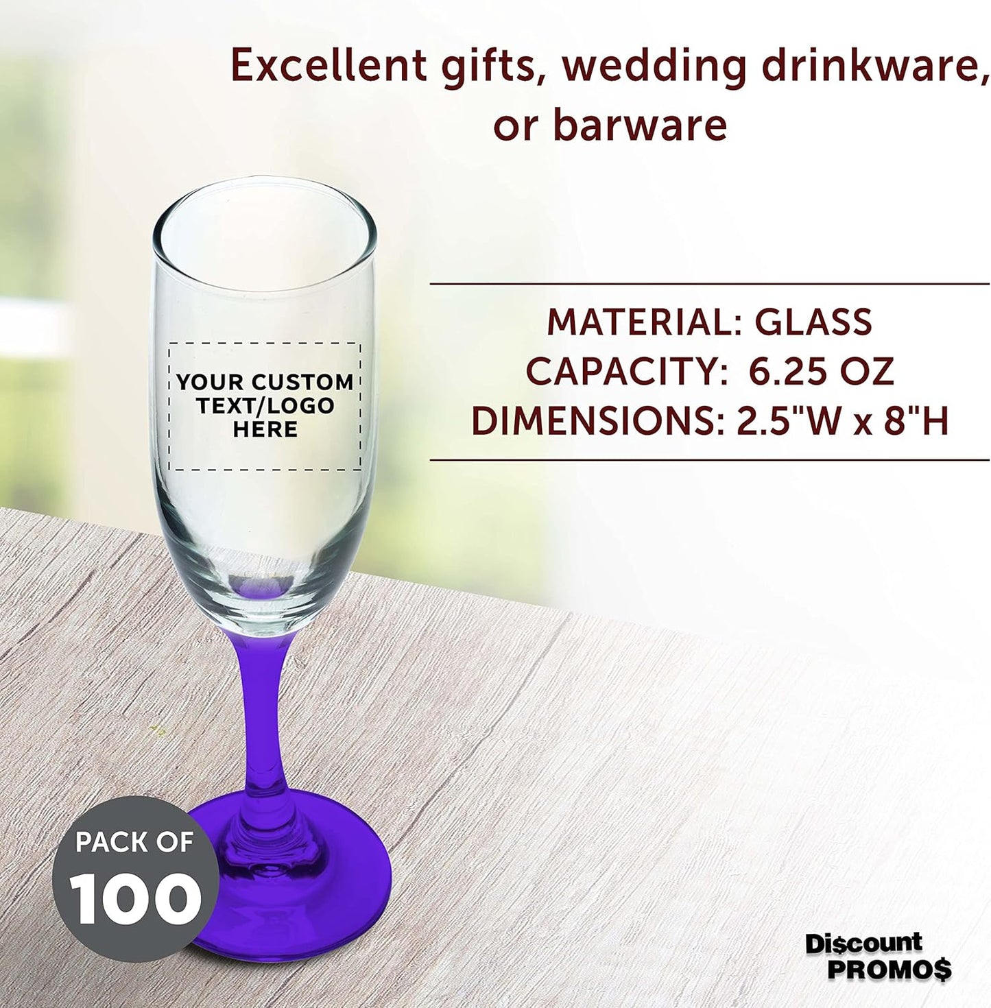 DISCOUNT PROMOS Custom Premiere Champagne Flutes 6.25 oz. Set of 100, Personalized Bulk Pack - Elegant Drinkware for Weddings, Events, & Promotional Gifts - Purple