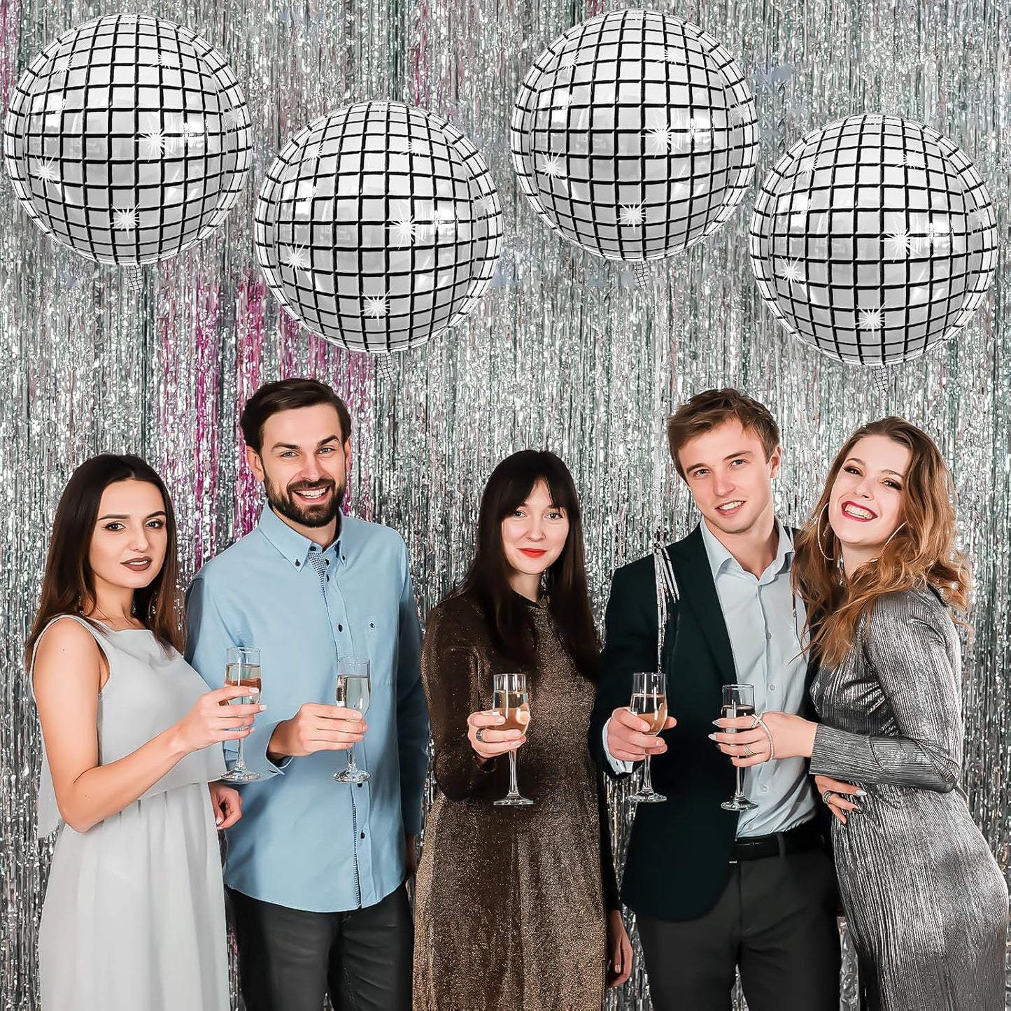 Disco Ball Balloons 4PC,Foil Disco Balloons 22 Inch 4D Round Metallic Silver Balloon for 70s 80s Birthday Bachelorette Graduation Decorations