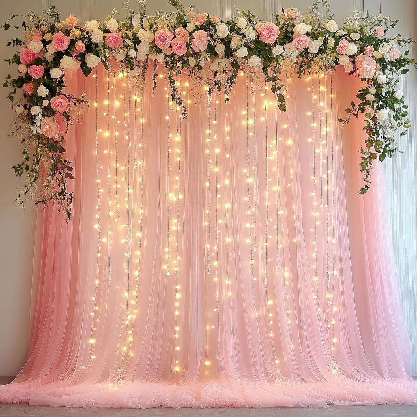 Tulle Backdrop Curtain with Lights String 10FT X 10FT Peach Sheer Tulle Backdrop Curtains for Wedding Birthday Party Reception Photo Booth Background Decorations (2 Panels 5x10FT)