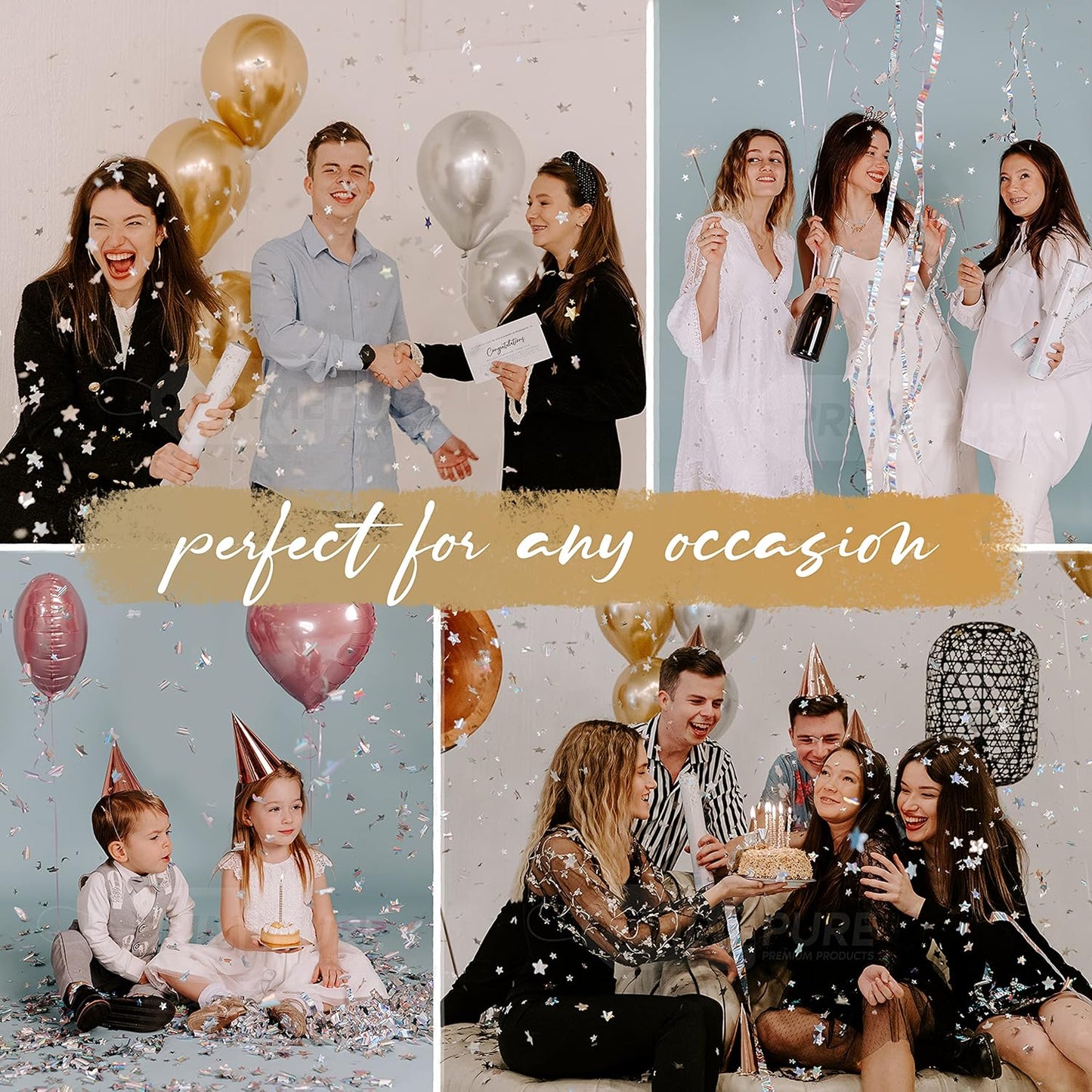 PrimePure Confetti Cannon Party Poppers - Holographic Silver Stars Confetti Popper - 2 Pack - Easy-to-Use Party Cannon - Silver Glitter Star Pop Gun for Graduation, Wedding, Birthday, Prank