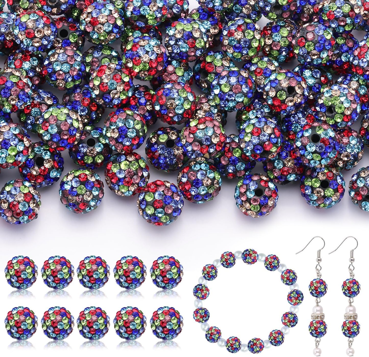 200pcs 10mm Rhinestone Beads for Jewelry Making, Black Mixed Shiny Round Disco Ball Beads Bulk, Sparkle Crystal Clay Christmas for Bracelet Baseball Necklace Earring Crafting and DIY