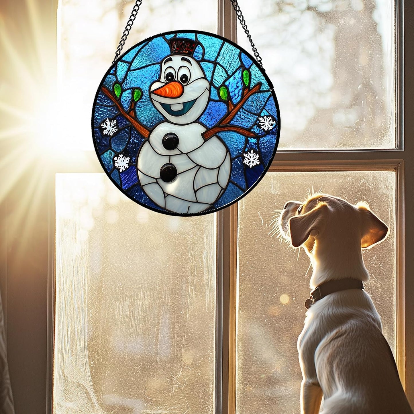 Stained Glass Window Hanging Christmas Funny Snowman 6.3" - Suncatcher Door Garden Blue White Snowflakes Sun Catcher New Year Birthday for Friend Mom Men Woman Nana