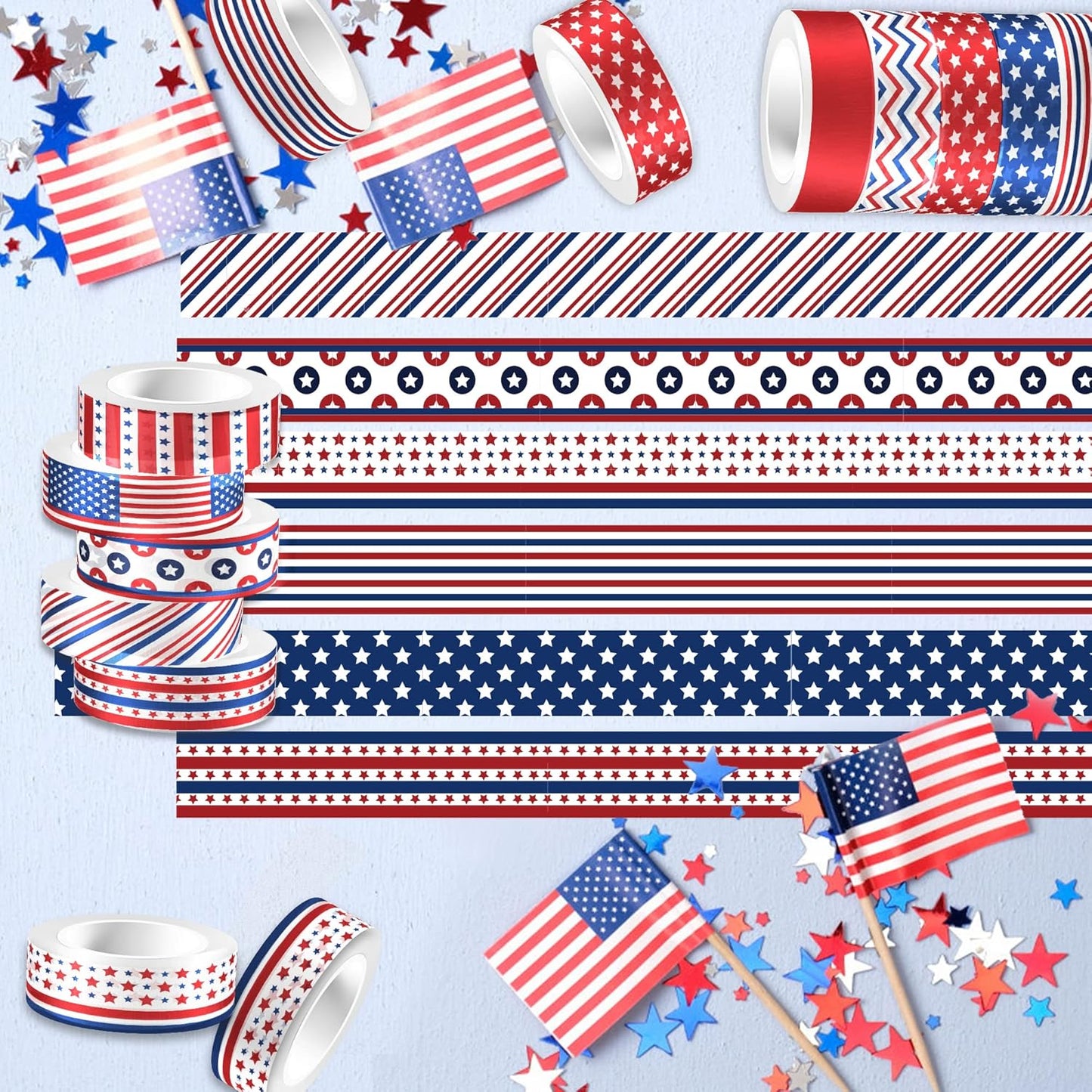 Adirasenotek Washi Tape 12 Rolls Patriotic Packing Tape American Flag Decorative Paper Stickers DIY Art Crafts
