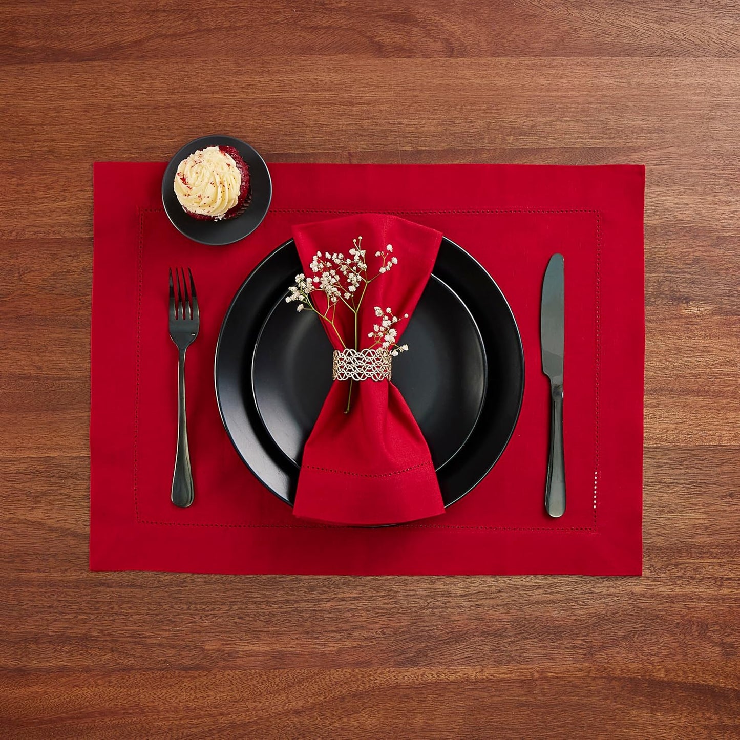 Cotton Linen Placemats Set of 4 – Hemstitch Red Cloth Placemats 14 x 19 Inch – Washable Fabric for Dining, Fall, Halloween, Thanksgiving, Spring, Summer, Wedding, Everyday Décor – Serena