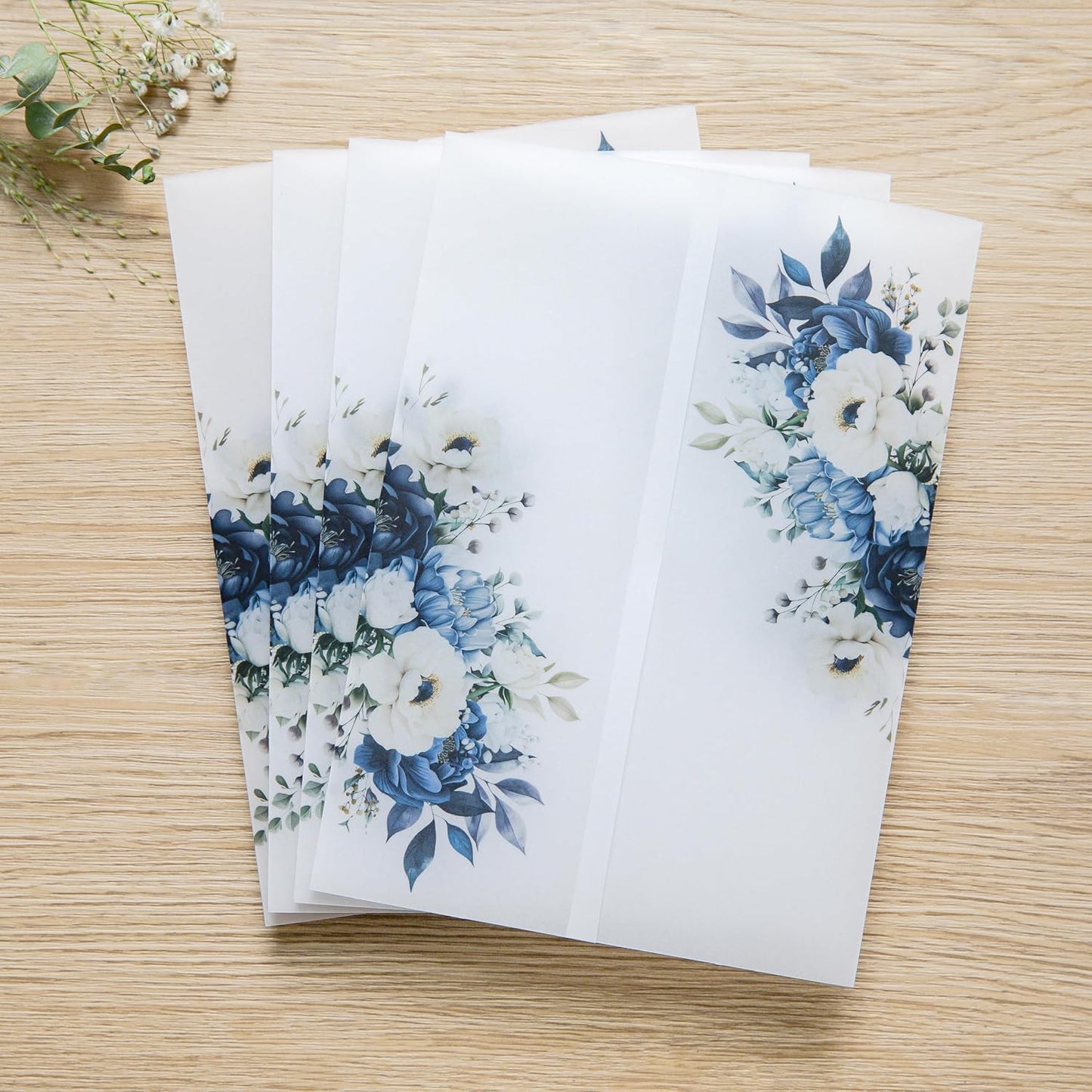 PONATIA 50PCS Vellum Jackets for 5x7 Invitation Cards- 135GSM Dusty Blue Flowers Vellum Sleeves, Wedding Invitations Wraps - Transparent Christmas Gift Cards Jackets