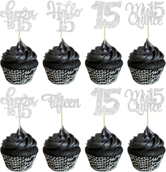 30Pcs 15th Birthday Cupcake Toppers Fifteen Cupcake Picks Cheers to 15 Years Old Mis Quince 15 Cake Decorations for 15th Birthday Anniversary Party Silver Glitter