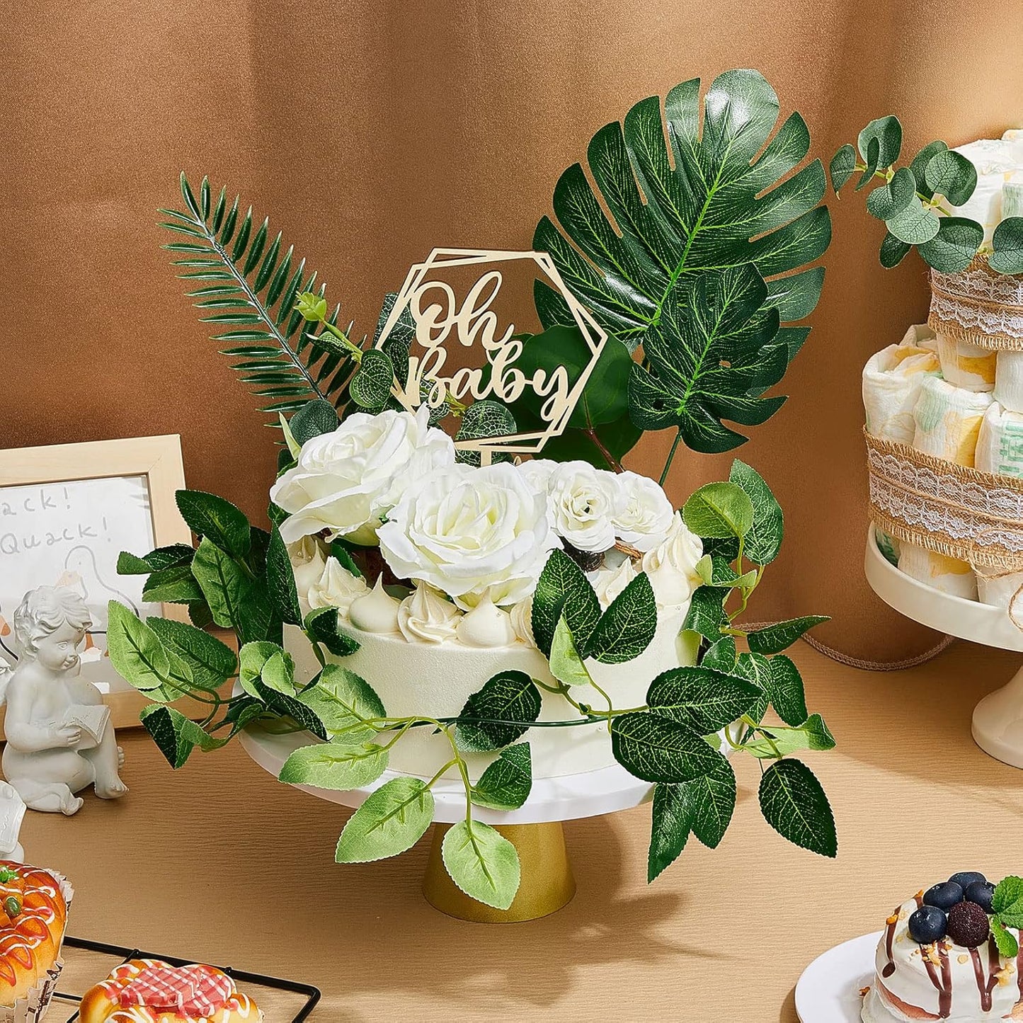 34-piece Wood Cake Topper Set - Boho Cake Decorations with Artificial Eucalyptus Leaves for Gender Reveal Parties, Birthdays, and Weddings