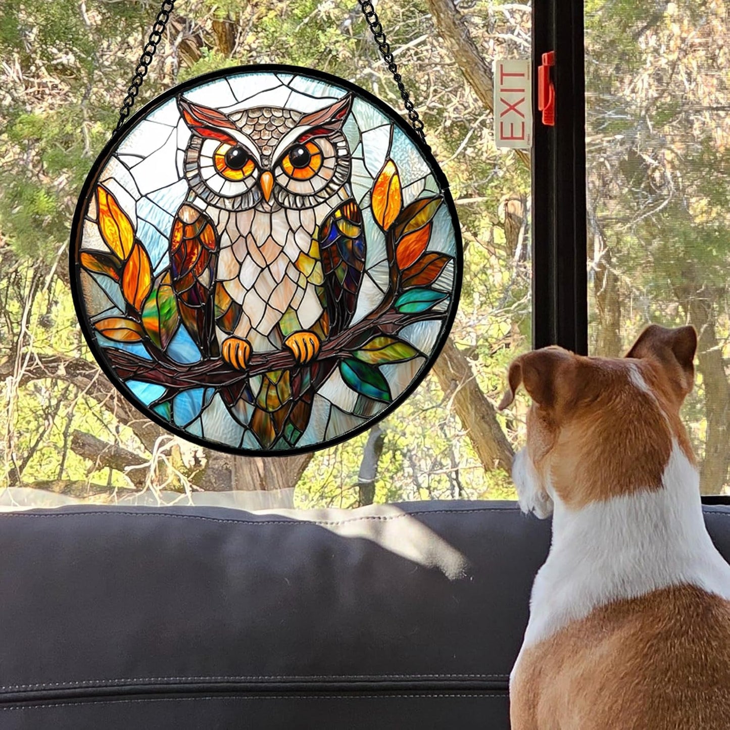 Stained Glass Window Hanging, Owl Colorful Leaves Birds Sun Catchers Diamond Glass Panel Hangings Suncatcher Decor for Birthday for Women, Men, Wife, Aunt, and Mom 14.9x14.9 in