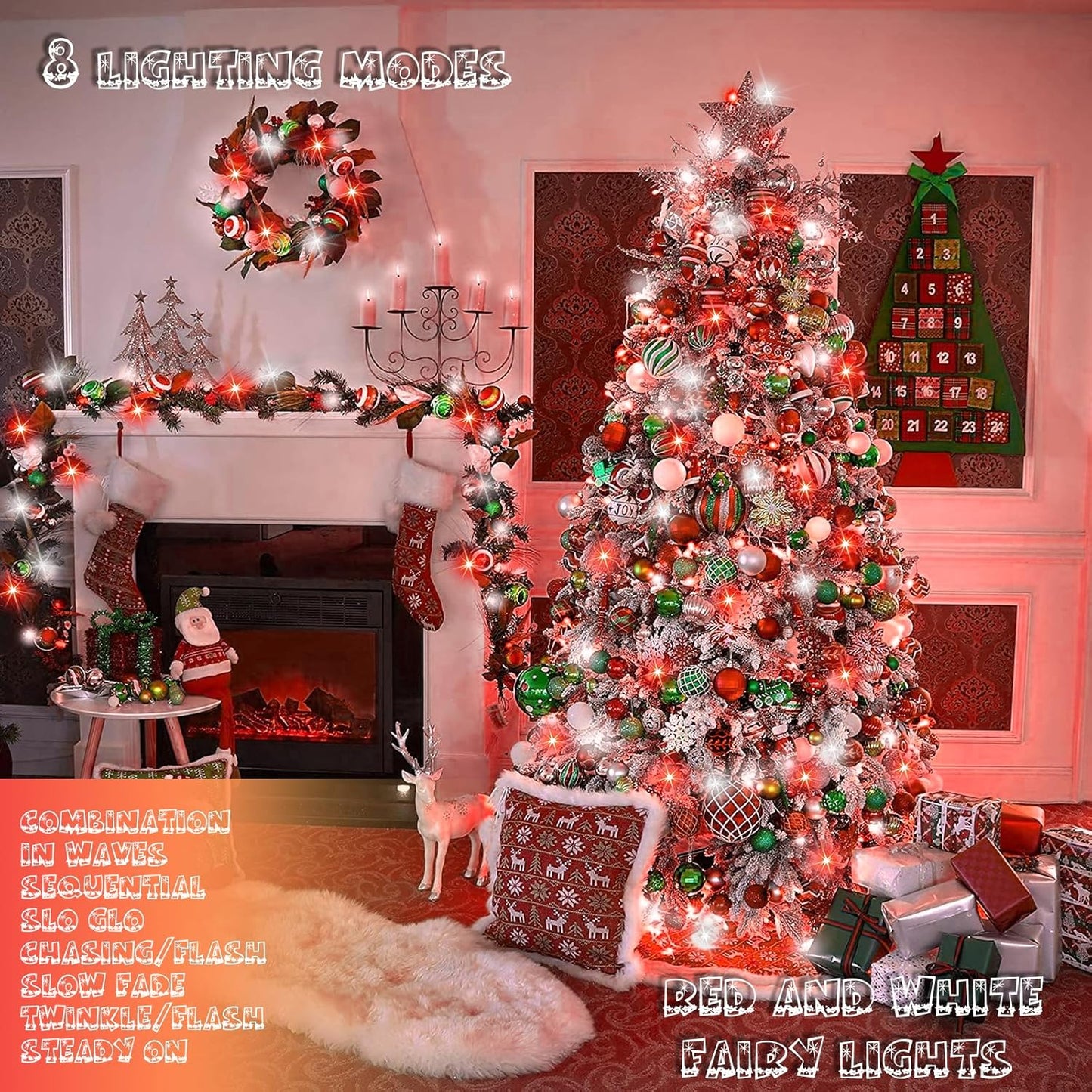 66Ft 200 LED Fairy Lights Plug in, Waterproof String Lights Outdoor & Indoor 8 Modes Christmas Lights Bedroom Decor, Timer Twinkle Lights for Bedroom Party Christmas Decorations (Red and Cool White)