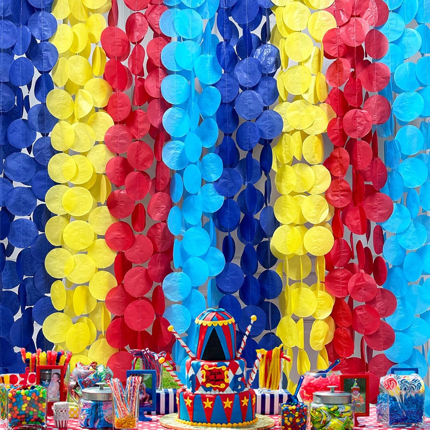 205Ft Red Blue Yellow Party Decorations Big Polka Dot Tissue Paper Backdrop Streamer Colorful Circle Dots Hanging Garland for Carnival Circus Clown Fiesta Festivals Birthday Baby Shower Party Supplies
