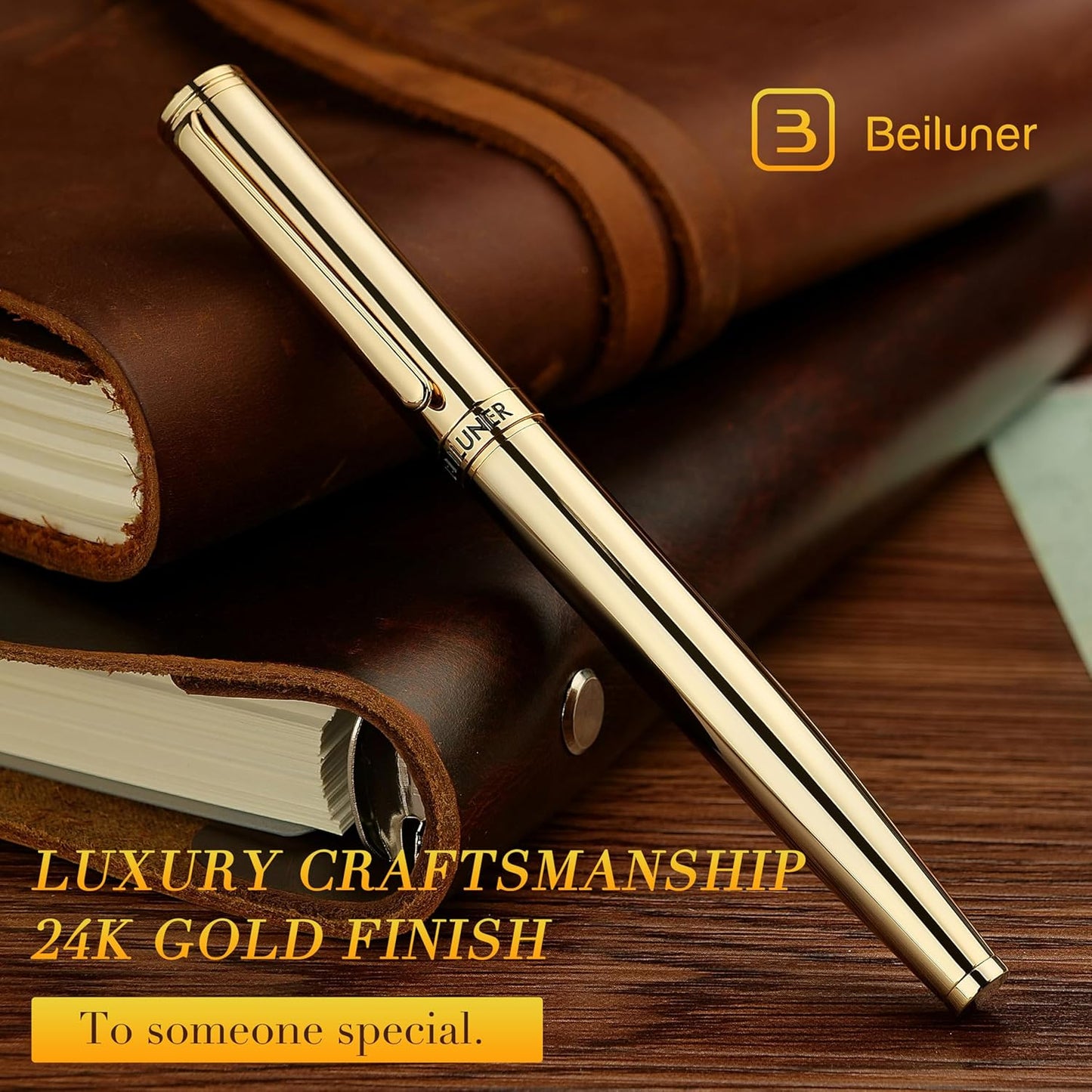 BEILUNER Gold Fountain Pen,Stunning Luxury Pens with 24K Gold Finish, Gorgeous 24K Gilded Nib(Medium), Fancy Pen Gift Set for Men&Women -Ink Converter-Elegant,Office,Nice Pen for Writing