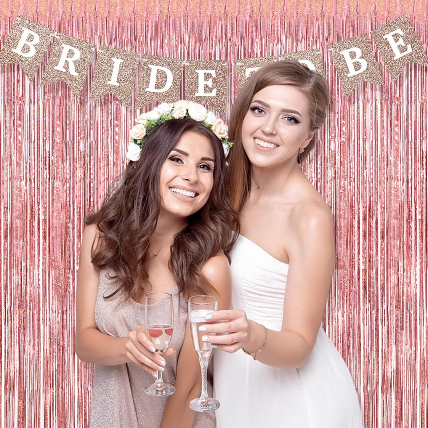 BRAVESHINE Rose-Gold Metallic Tinsel Backdrop - 2Pcs 3.2x8.2ft Metallic Tinsel Foil Fringe Curtains Photo Booth Streamers for 21-st Birthdays Bachelorette Engagement Bridal Shower Party Decorations