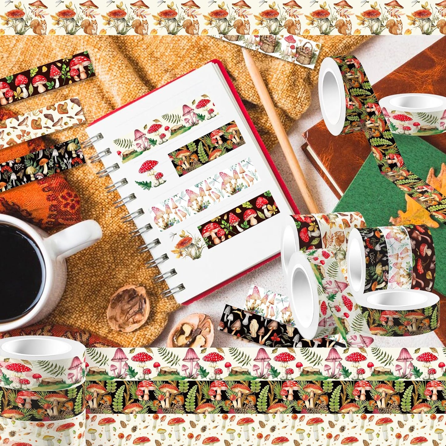 Adirasenotek 12 Rolls Mushroom Washi Tape Set,Vintage Washi Tape Decorative Paper Stickers Decorative Tape,DIY Art Crafts Wrapping Decor for Gifts Wrapping