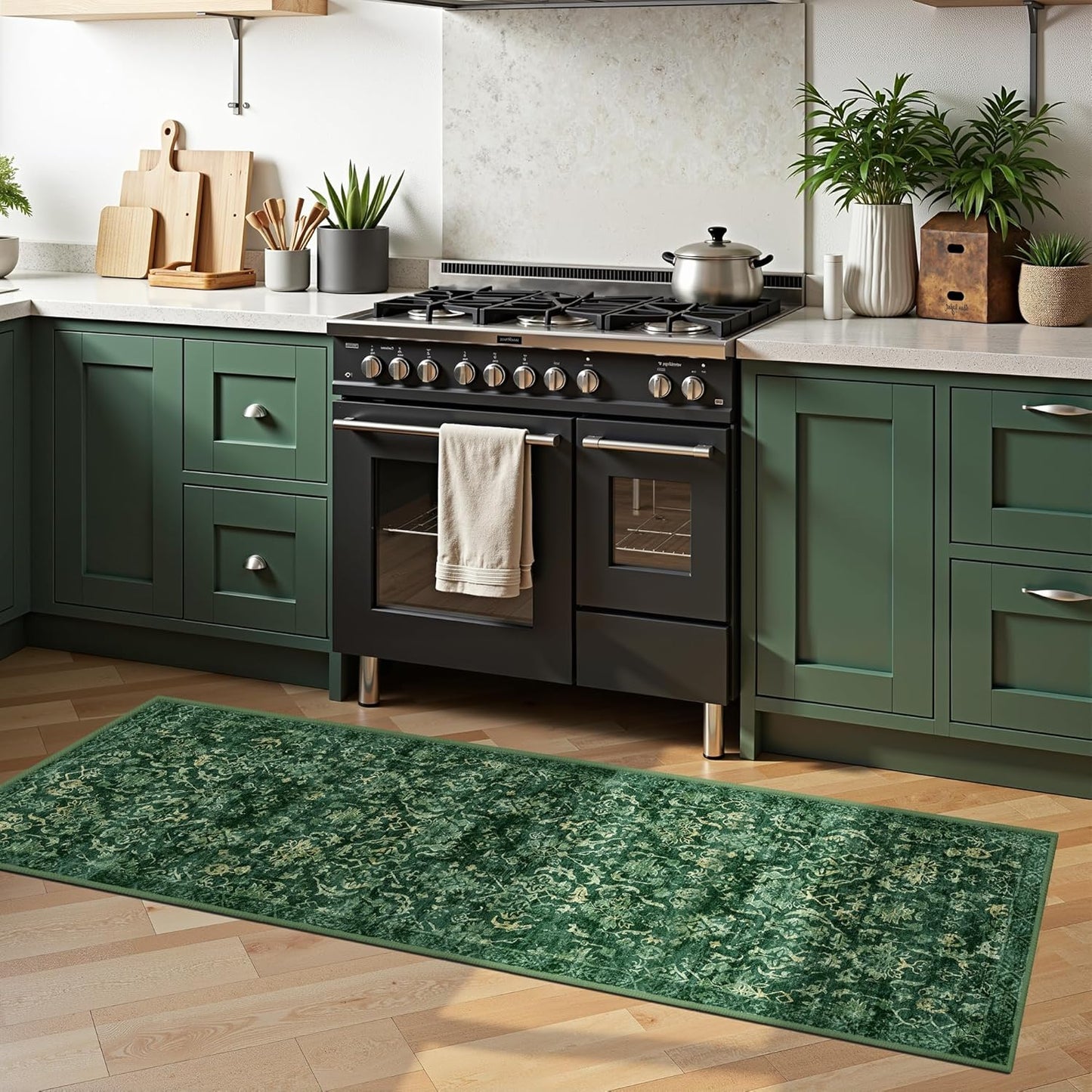 Dark Green 2x6 Runner Rug for Hallways Bed Side Kitchen, Boho Washable Distressed Low-Pile Floor Entryway Long Bathroom Mat, Non-Slip Laundry Room Washstand Front Carpet Green 24x72 Inch