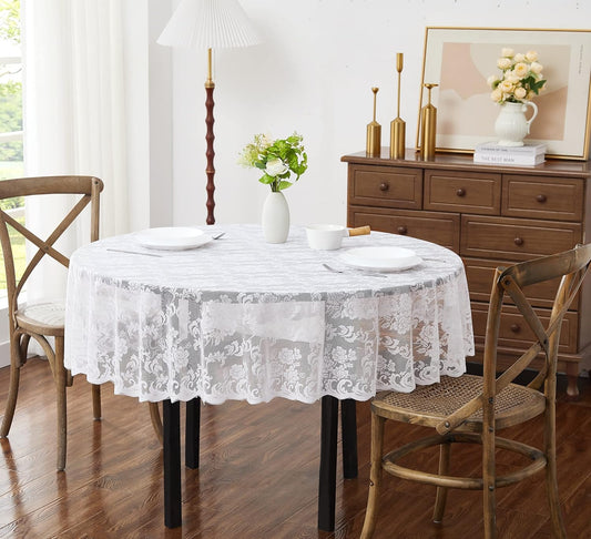 LinenZone White Round Tablecloth for Rustic Vintage Decor. Sheer Lace Works Great As Wedding, Thanksgiving or Christmas Tablecloth (Mia 48 Round, White)