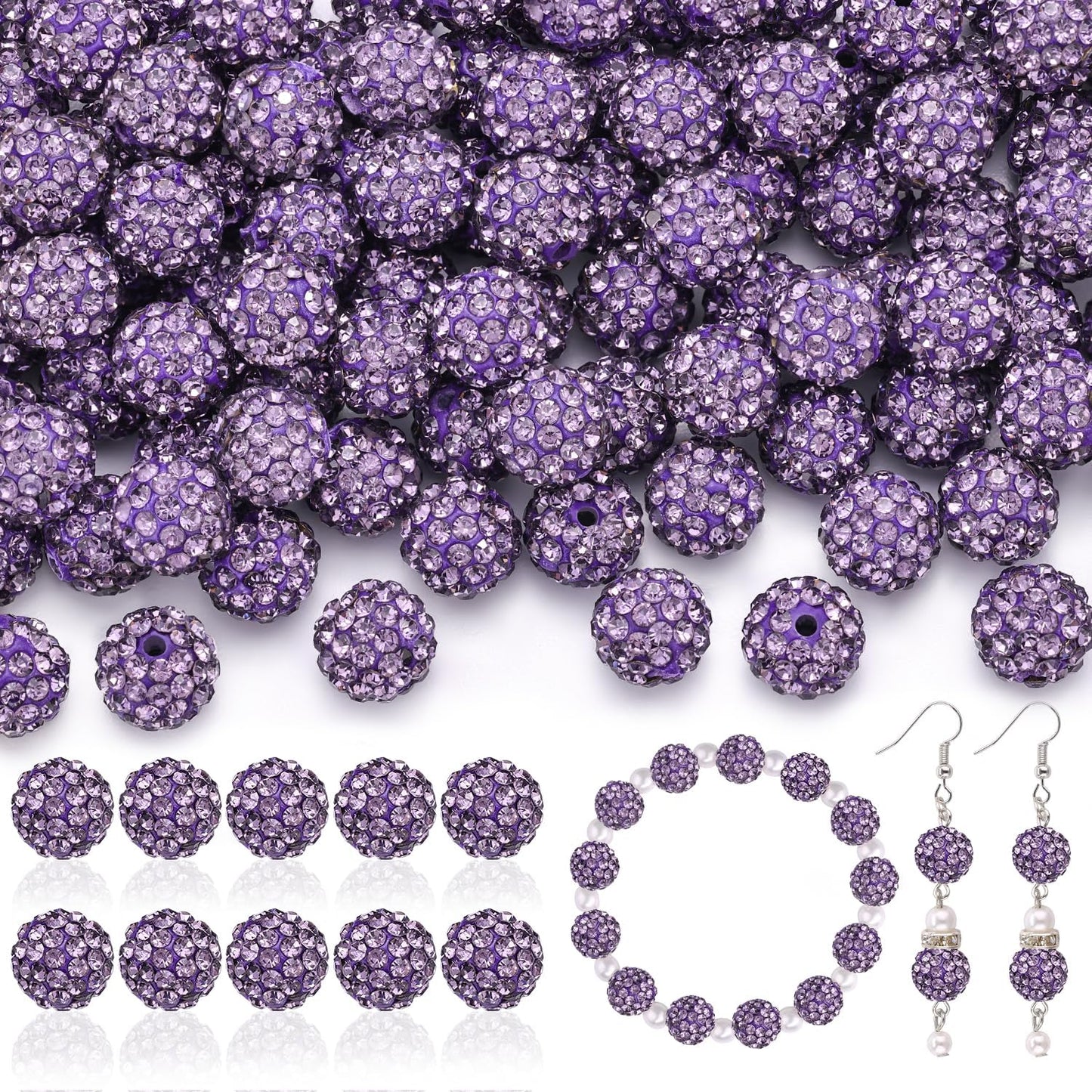 200pcs 10mm Rhinestone Beads for Jewelry Making, Purple Shiny Round Disco Ball Beads Bulk, Sparkle Crystal Clay Christmas for Bracelet Baseball Necklace Earring Crafting and DIY