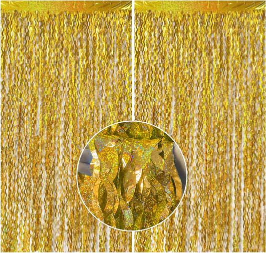 2 Pack Gold Fringe Curtain Backdrop Tinsel Streamers Birthday Party Decorations Photo Booth Backdrop Halloween New Year Graduation Theme Party Decorations