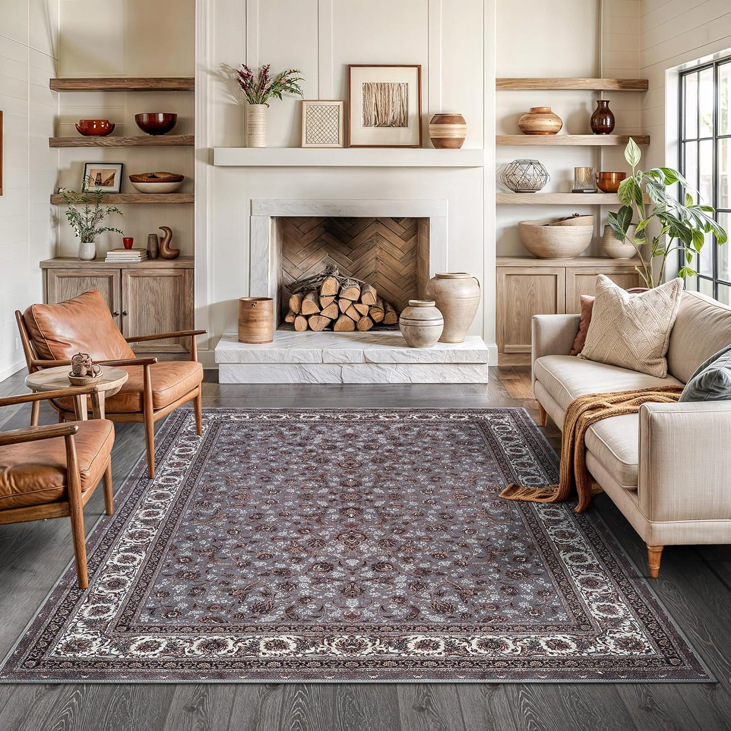 Bloom Rugs Washable Non-Slip 6' x 9' Rug - Slate Gray Traditional Oriental Area Rug for Living Room, Bedroom, Dining Room, and Kitchen - Exact Size: 6' x 9'