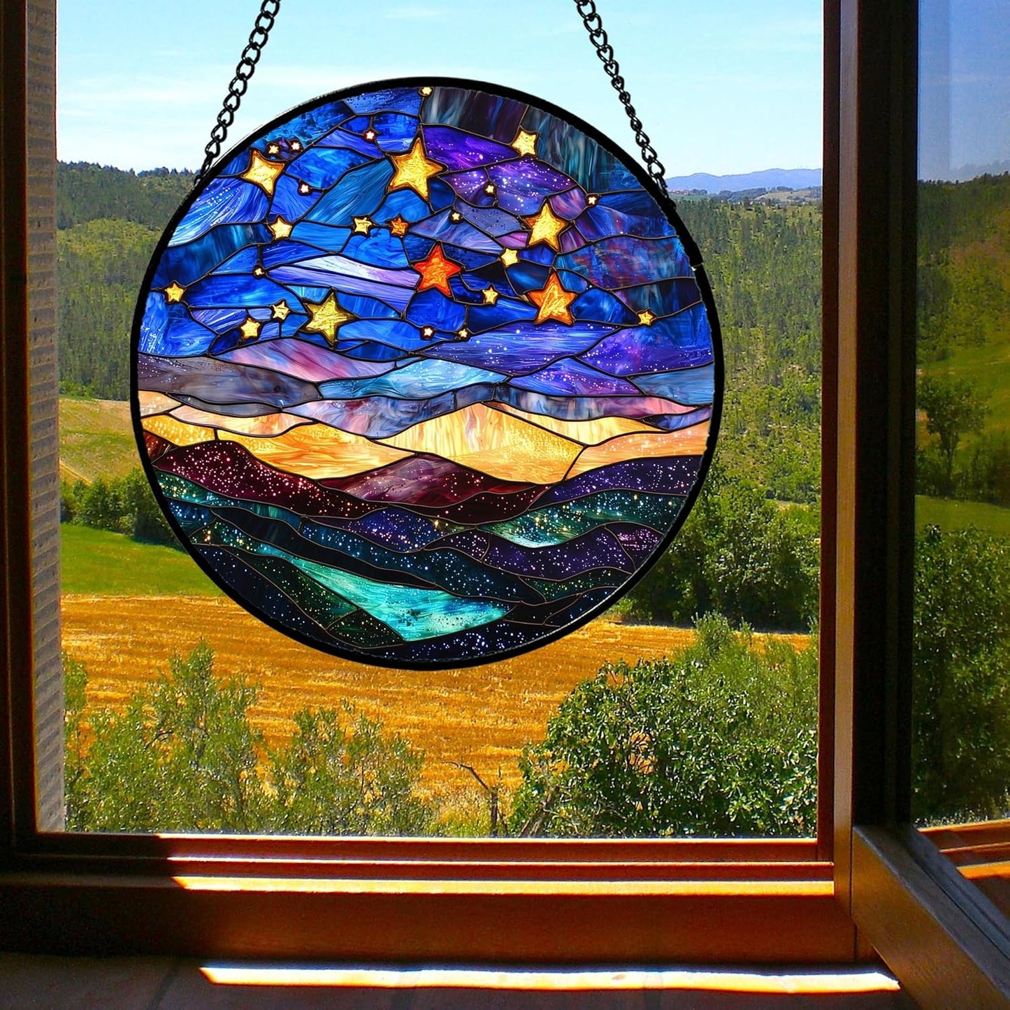 Stained Glass Window Hanging, Blue Sky Gold Stars Abstract Landscape Suncatcher for Doors Window Home Sun Catchers Decor Mother's Day Birthday Gifts for Women, Men Mom 9.8 in