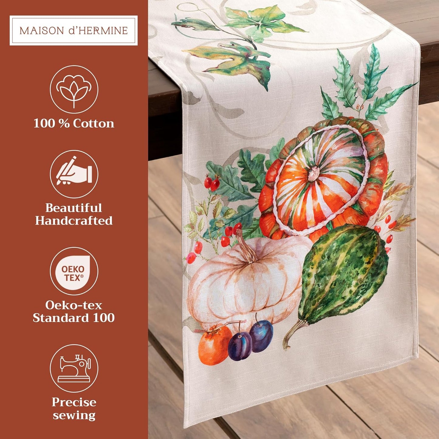 Maison d' Hermine Table Runner 100% Cotton Double Layer Table Runners 72 inches Long for Thanksgiving Christmas Decorations Home Kitchen Dining Party Wedding (Lumina, 14.5" x 72")