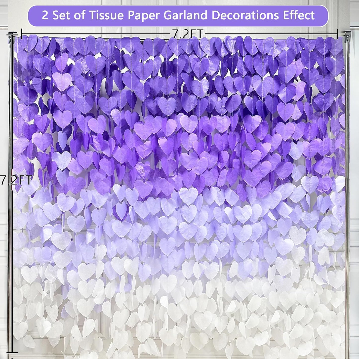 205Ft Lavender Party Decoration Ombre Purple White Heart Backdrop Streamer Tissue Paper Heart Hanging Garland for Birthday Valentines Day Bachelorette Wedding Bridal Shower Lilac Violet Party Supplies