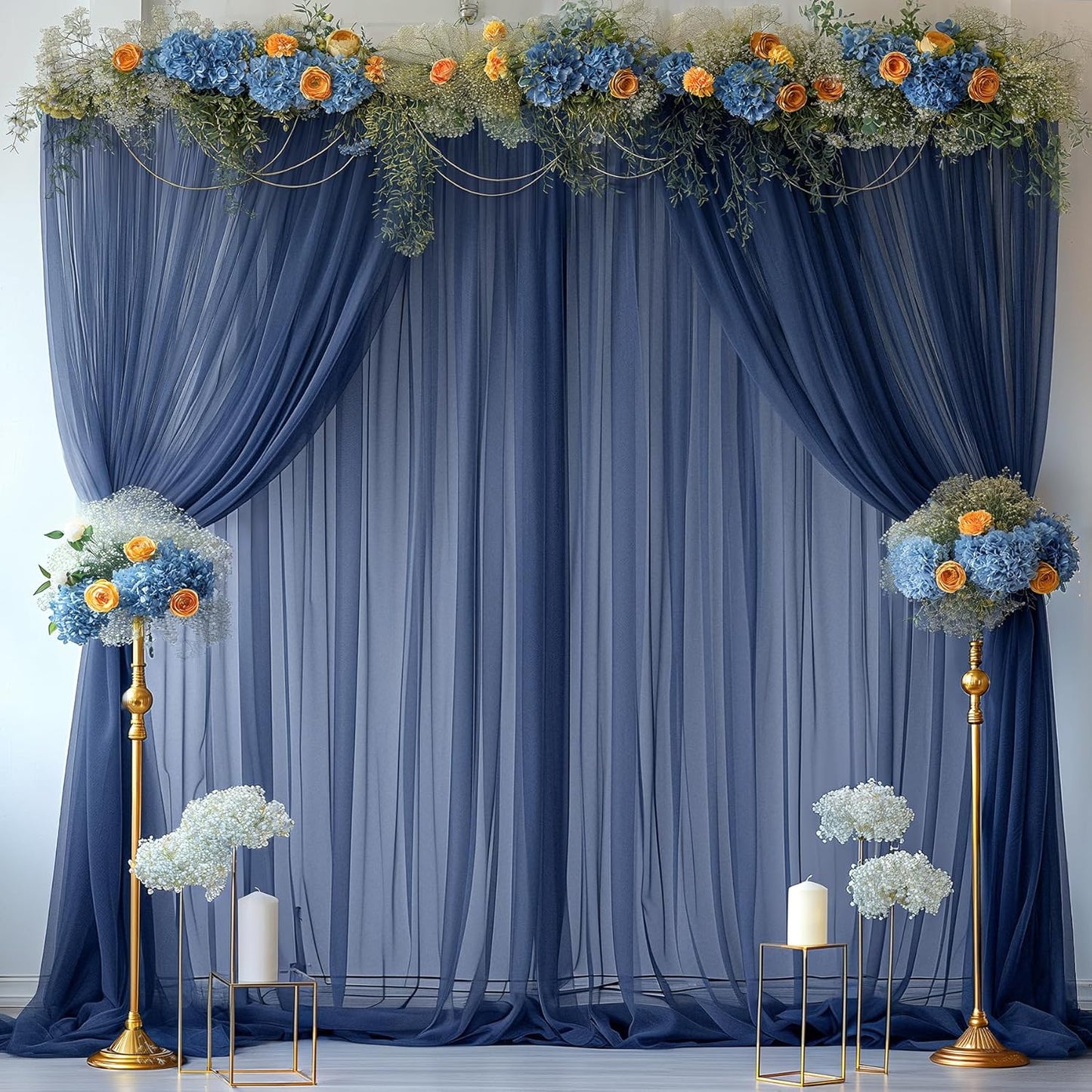 20ft X 10ft Navy Blue Tulle Backdrop Curtain for Parites, Sheer Backdrop Curtains Fabric Drapes for Wedding Ceremony Arch Party Stage Decorations