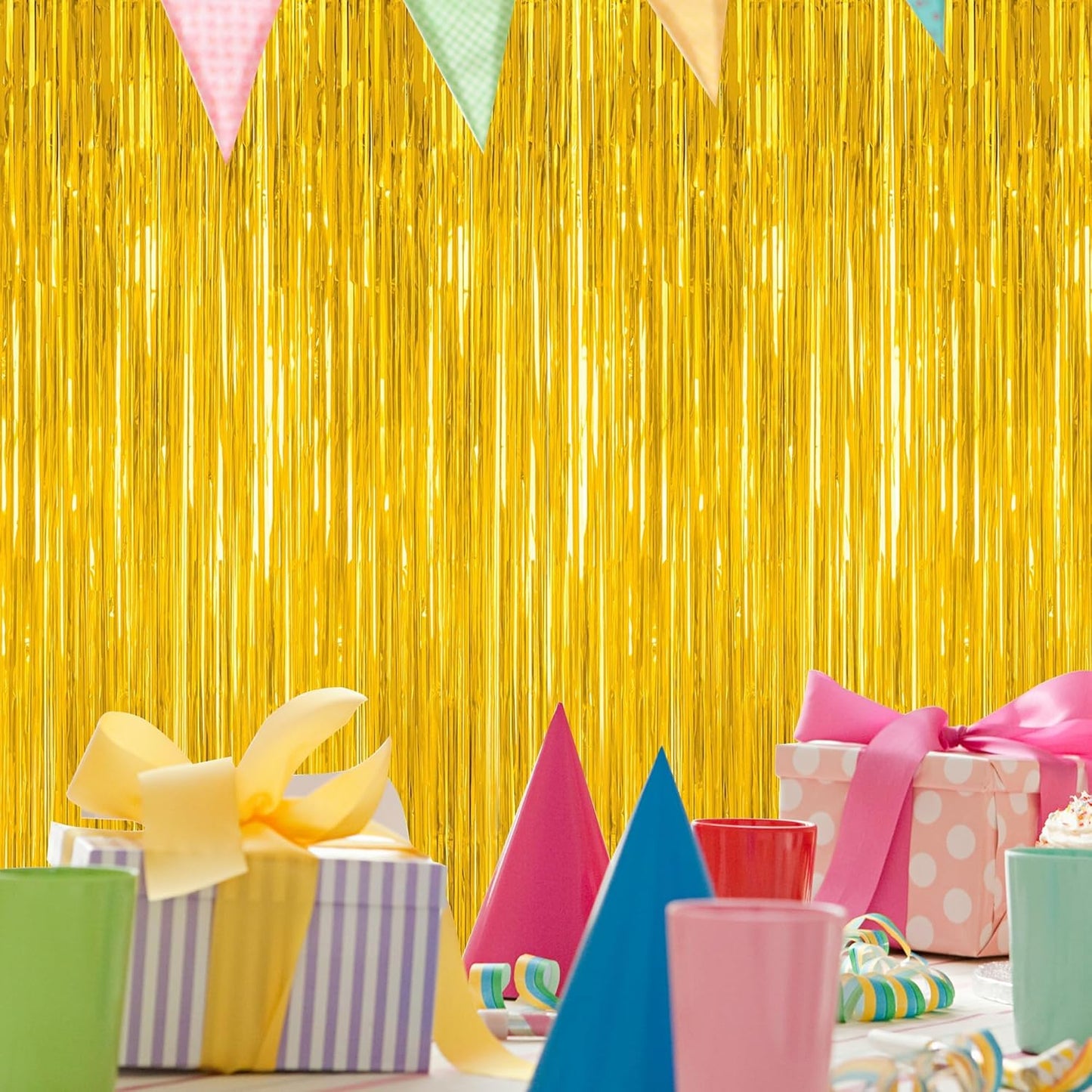 2 Pack Gold Tinsel Backdrop, 3.28 FT x 7.05 FT Metallic Fringe Curtain, Gold Color Graduation Backdrop Party Streamers, Party Supplies Door Decorations for Birthday Anniversaries