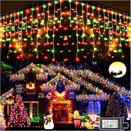 KNONEW Christmas Lights Outdoor Decorations 400 LED 33ft 8 Modes Curtain Fairy String Light with 75 Drops, Clear Wire LED String Light Indoor Decor for Wedding Party Christmas (Red and Green)