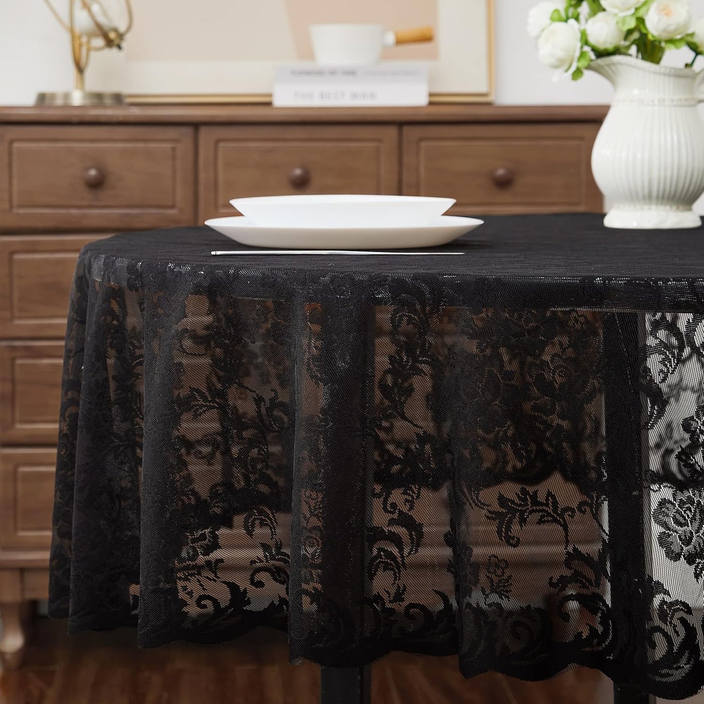 LinenZone Black Round Tablecloth for Rustic Vintage Decor. Sheer Lace Table Cloth Works Great As Wedding Tablecloth or Thanksgiving Table Cover. (Mia 60 Round, Black)