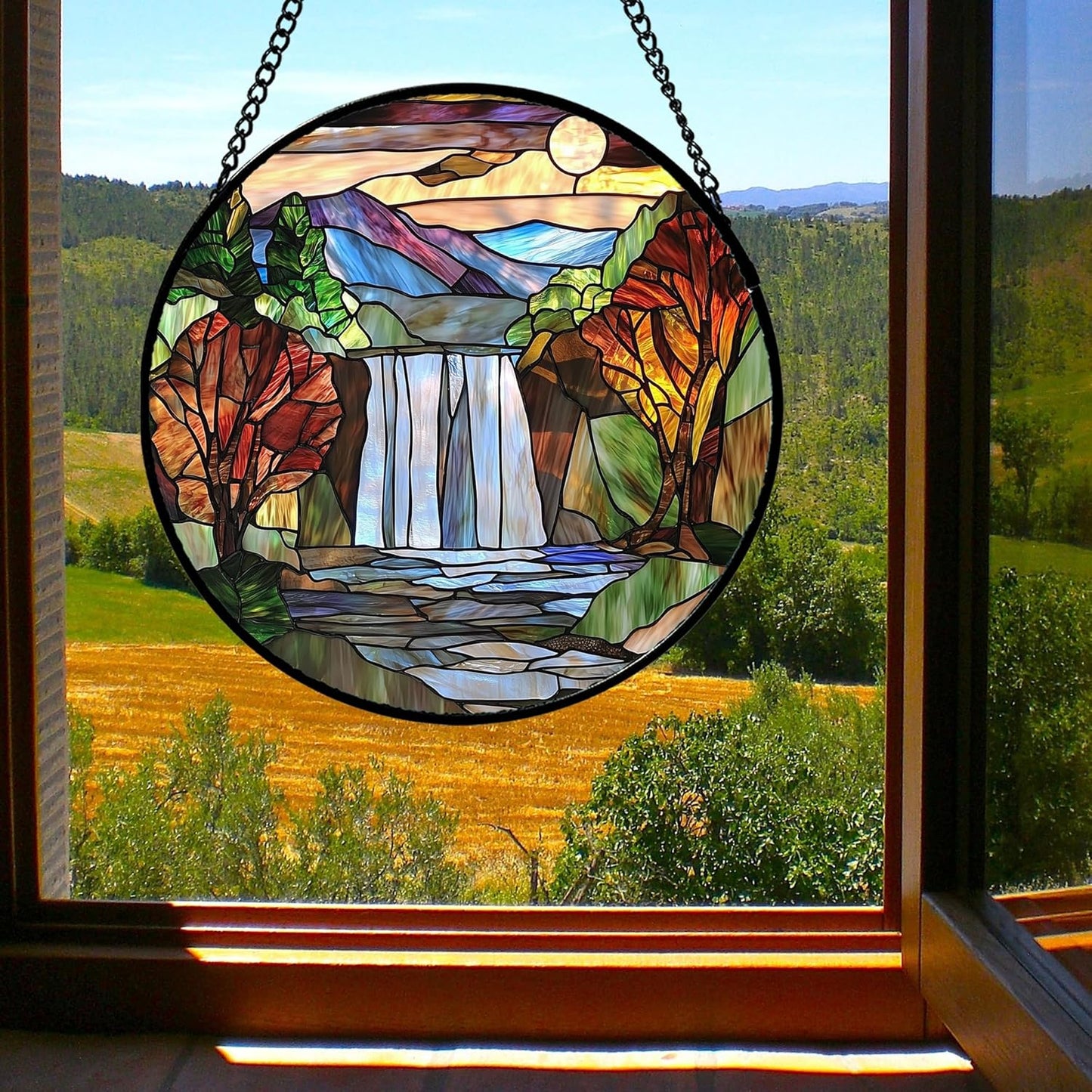 Stained Glass Window Hanging, Abstract Landscape Waterfall Mountains Trees Suncatcher for Doors Window Home Sun Catchers Decor Mother's Day Birthday Gifts for Women Men Mom 6.3 in