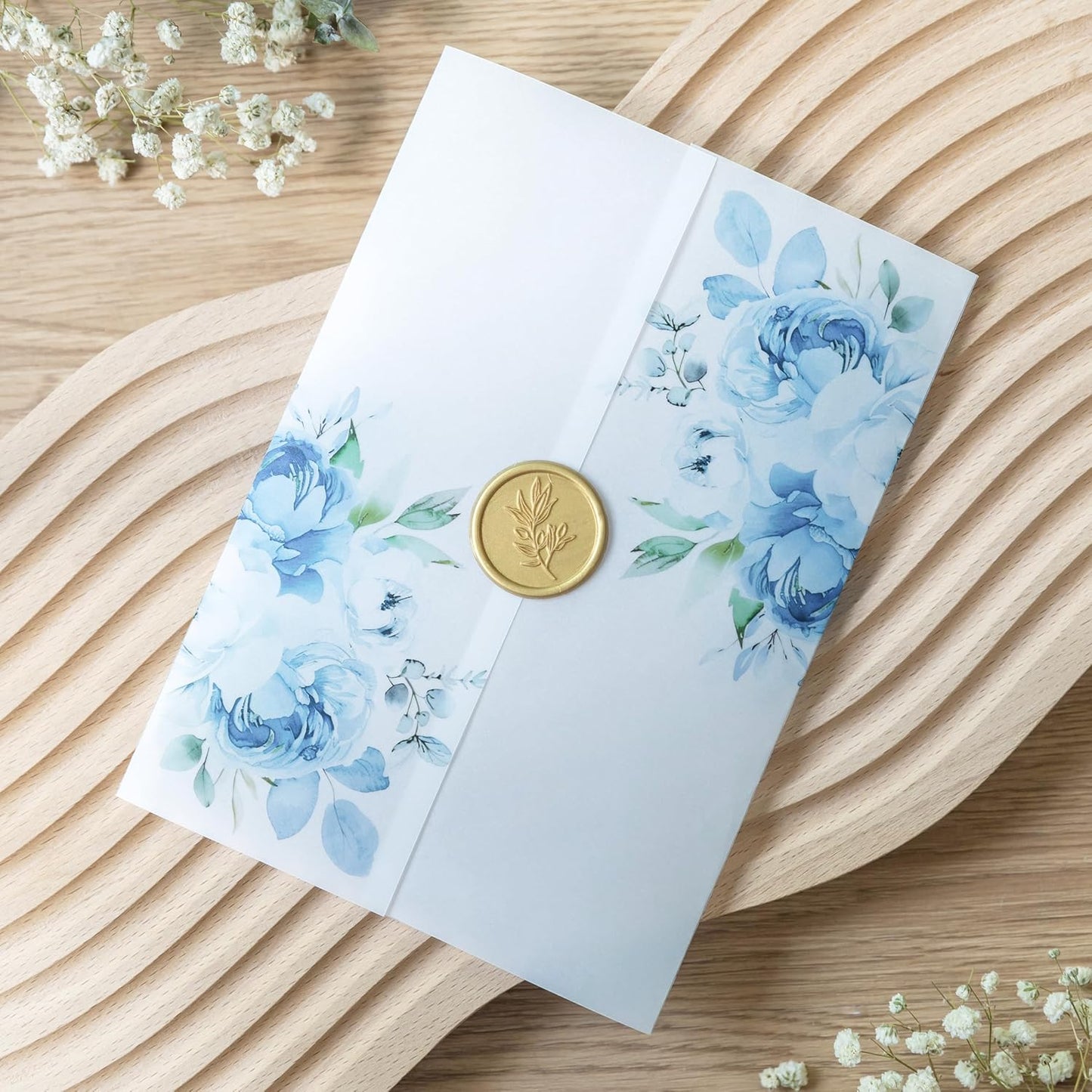PONATIA 50PCS Vellum Jackets for 5x7 Invitation Cards- 135GSM Light Blue Floral Printed Vellum Sleeves, Quinceanera Wedding Invitation Cards Wraps, Transparent Christmas Gift Cards Jackets