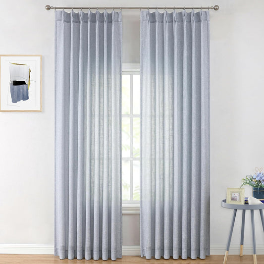 Vision Home Blue Pinch Pleated Semi Sheer Curtains Textured Light Filtering Window Curtains 84 inch for Living Room Bedroom Rayon Blended Chambray Blue Pinch Pleat Drapes with Hooks 2 Panels 40"Wx84"L
