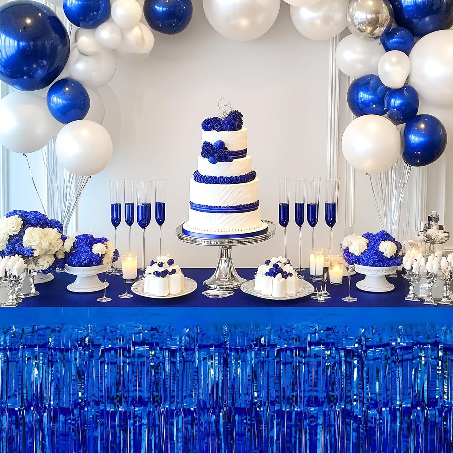 3 Pack Red Dark Blue Silver Table Skirts, 29x108" Metallic Foil Tinsel Fringe Table Skirt for Rectangle Tables Streamer Curtains Backdrop, Party Decorations for Birthdays, Weddings, Holidays