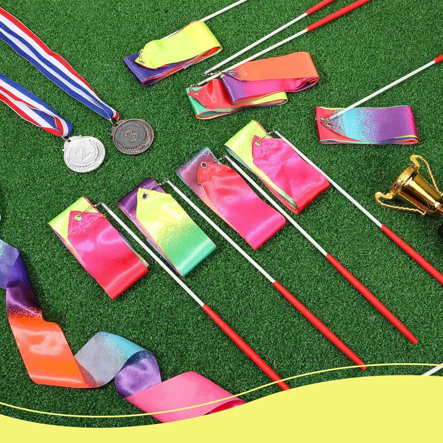Yilloog 50 Pcs Ribbon Dancing Wands Party Favors, 78.7 Inch Artistic Gymnastics Ribbon Streamers Twirling Wands, Rainbow Birthday Decorations
