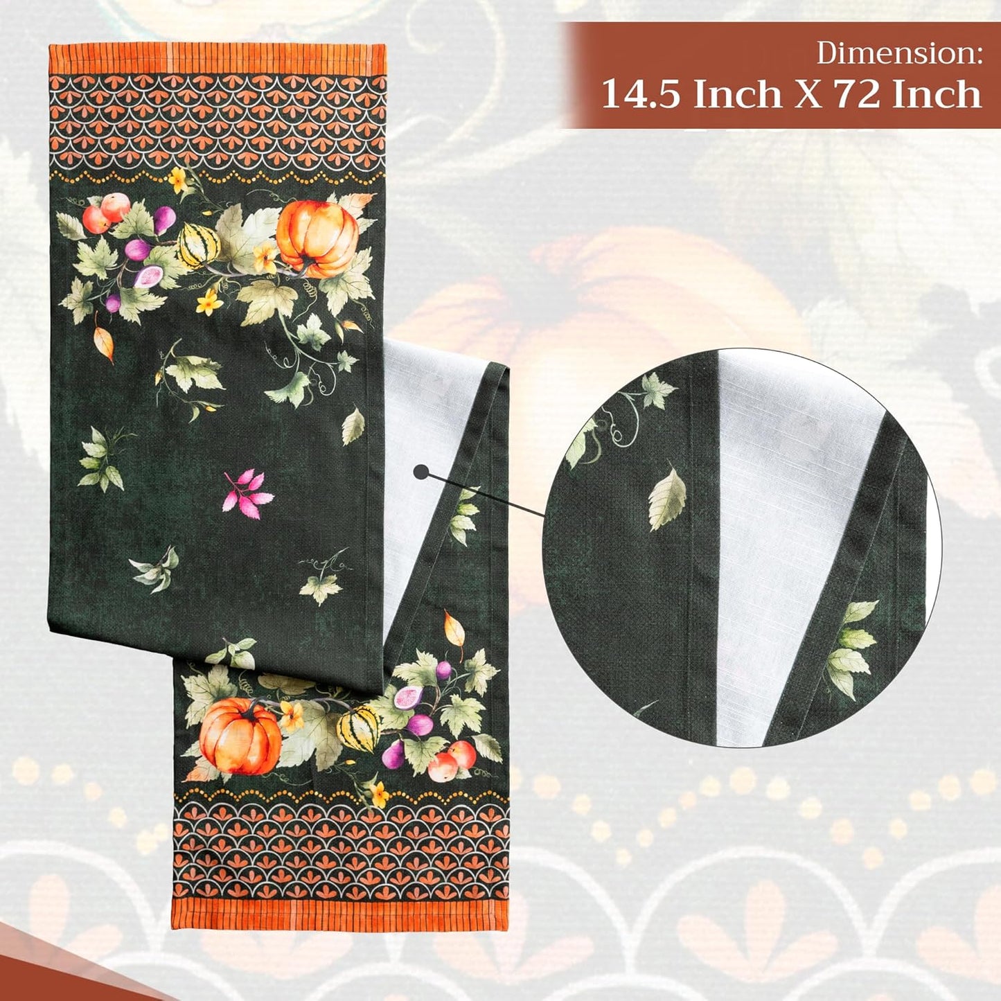 Maison d' Hermine Table runner 100% Cotton Single Layer Table Runners 72 inches long for Thanksgiving Christmas Decorations Home Kitchen Dining Party Wedding (Pumpkin Garden - Dark Green, 14.5" x 72")