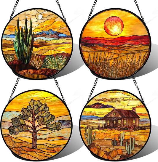 Stained Glass Window Hanging 4 Pcs Set Desert Sunset Theme Landscape Large 15" - Suncatcher Door Garden Sun Catcher Decor Birthday Christmas for Mom Woman Nana Men