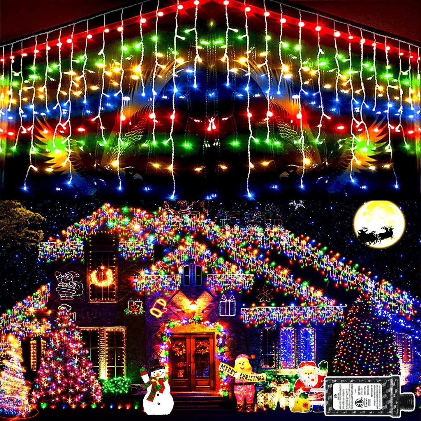 KNONEW Christmas Lights Outdoor Decorations 400 LED 33ft 8 Modes Curtain Fairy String Light with 75 Drops, Clear Wire LED String Light for Wedding Party Holiday Christmas Decorations Multicolor