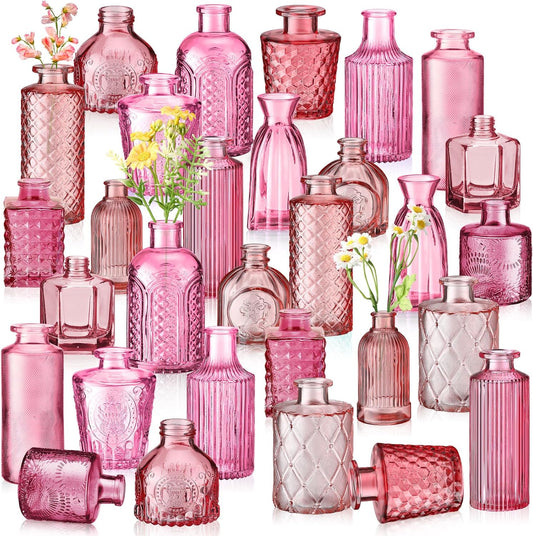 Yaomiao 30 Pcs Vases Bulk Colored Flower Glass Vases Bud Vintage Colored Glass Bottles Colorful Rustic Embossed for Home Wedding Table Decorations Gifts(Pink Series)
